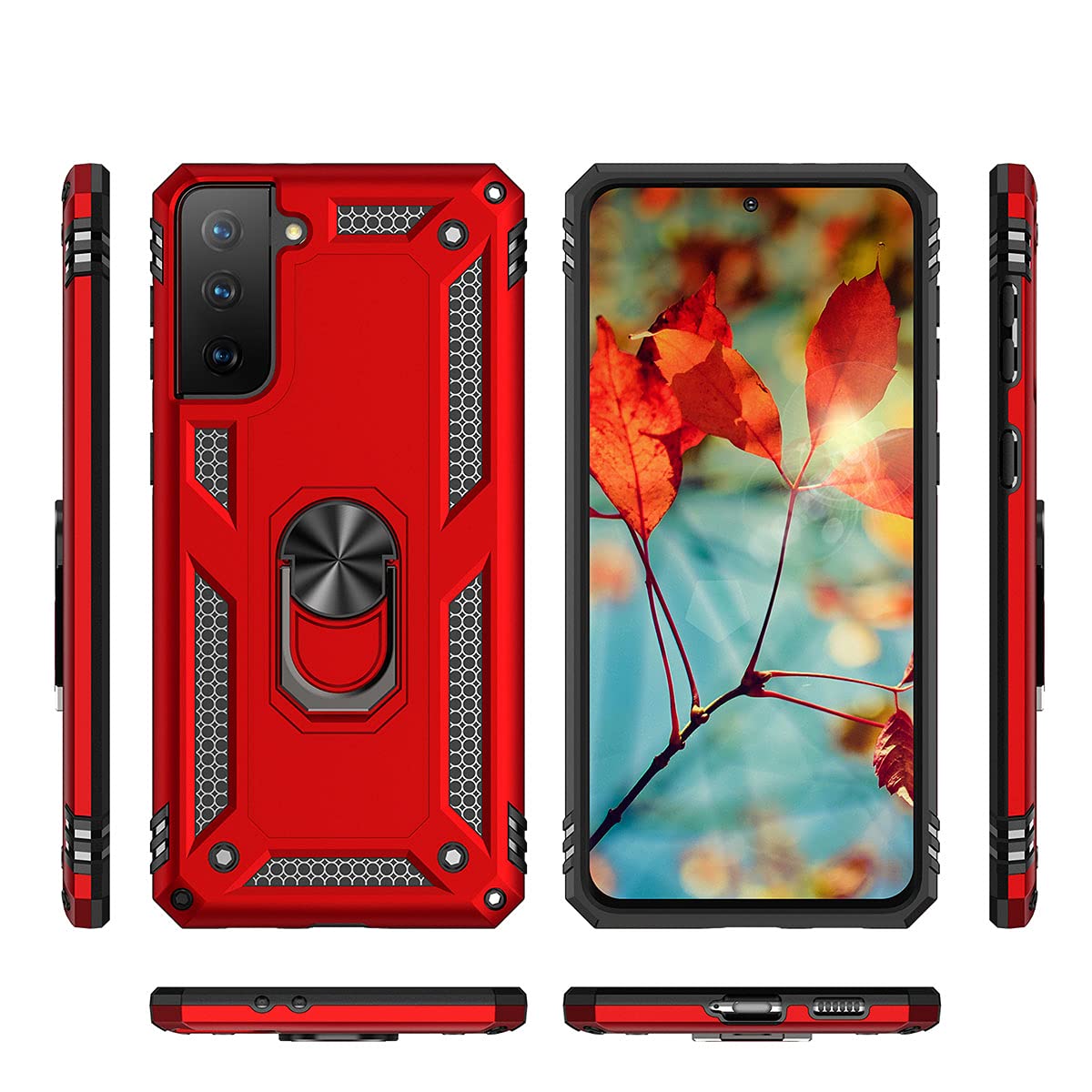**Military Grade Protective Case for Samsung Galaxy S21 FE with Ring Car Mount & Kickstand - Shockproof Cover for Everyday Use, Travel & Outdoor Activities - Red**