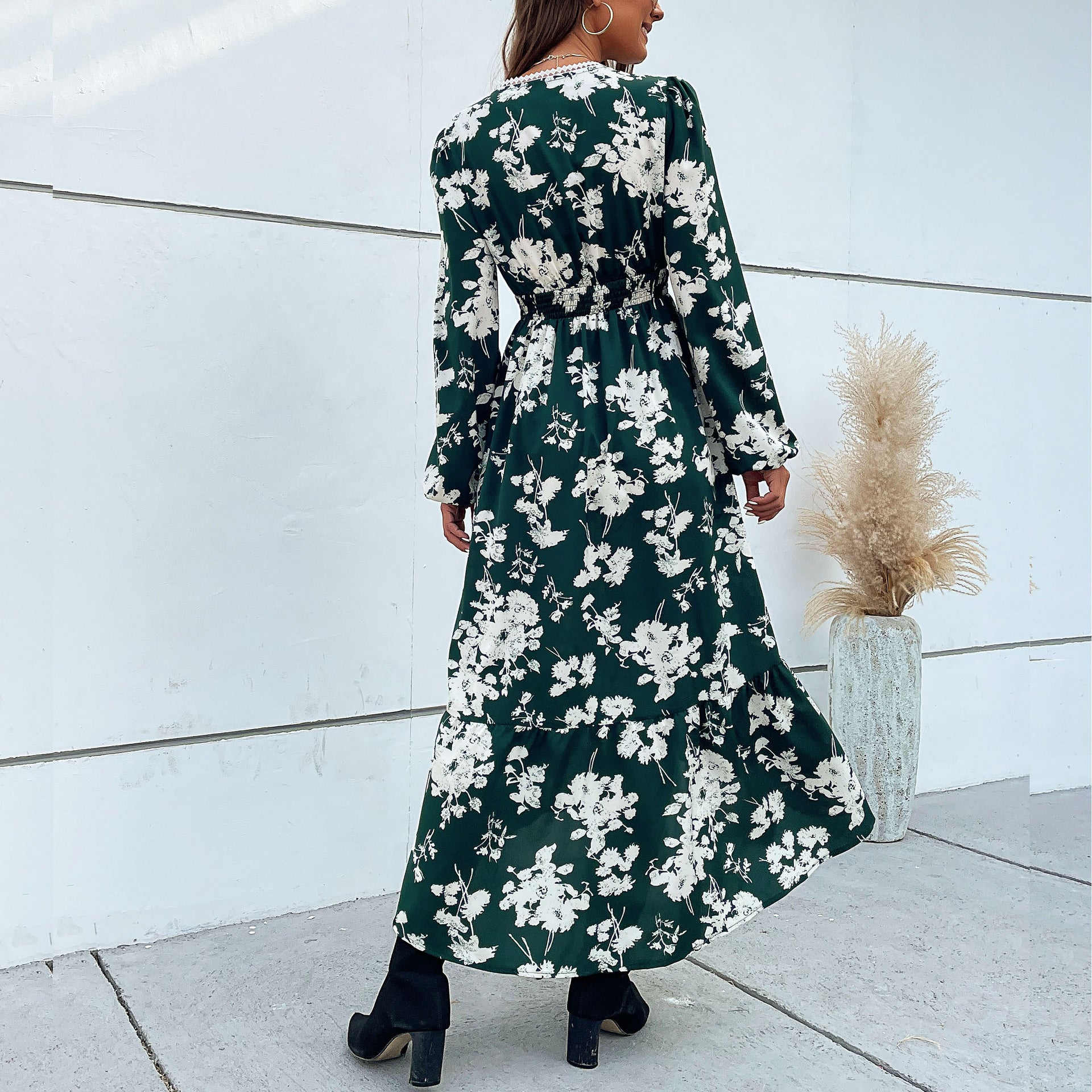 LOVEVOP 2025 Fashion Women's Spliced Lace Skirt Long Sleeve Printed Irregular Dress - Elegant Party Wear & Special Occasion Outfit