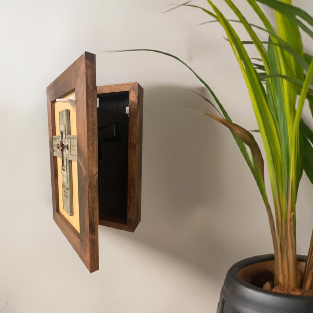 Bellewood Designs Hidden Gun Storage Cabinet with Cross - Wall Mounted Secure Concealed Gun Safe for Home, Office & Church Security | Rustic Wooden Firearm Storage Solution