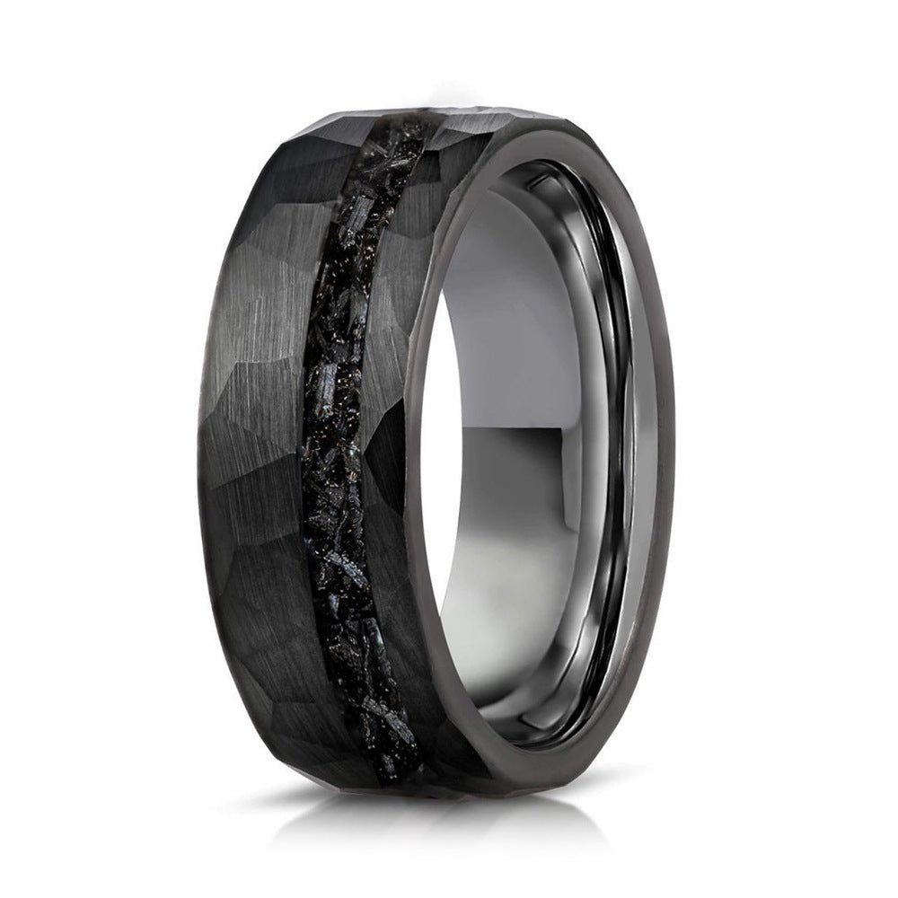 8mm Tungsten Gold Men's Wedding Band - Steel Hammered Black Ring with Meteorite Inlay - Durable & Stylish for Everyday Wear & Special Occasions