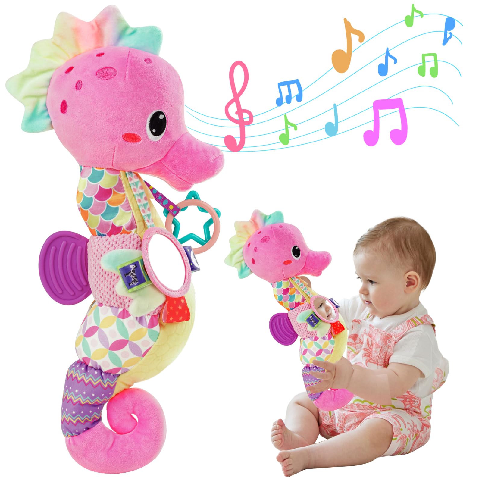 Soft Plush Baby Toys with Mirror, Rattle & Crinkle - Sensory Stuffed Animals for Newborns 0-12 Months | Teething & Developmental Toys for Infant Girls & Boys | Perfect for Tummy Time, Crib Play & Early Learning