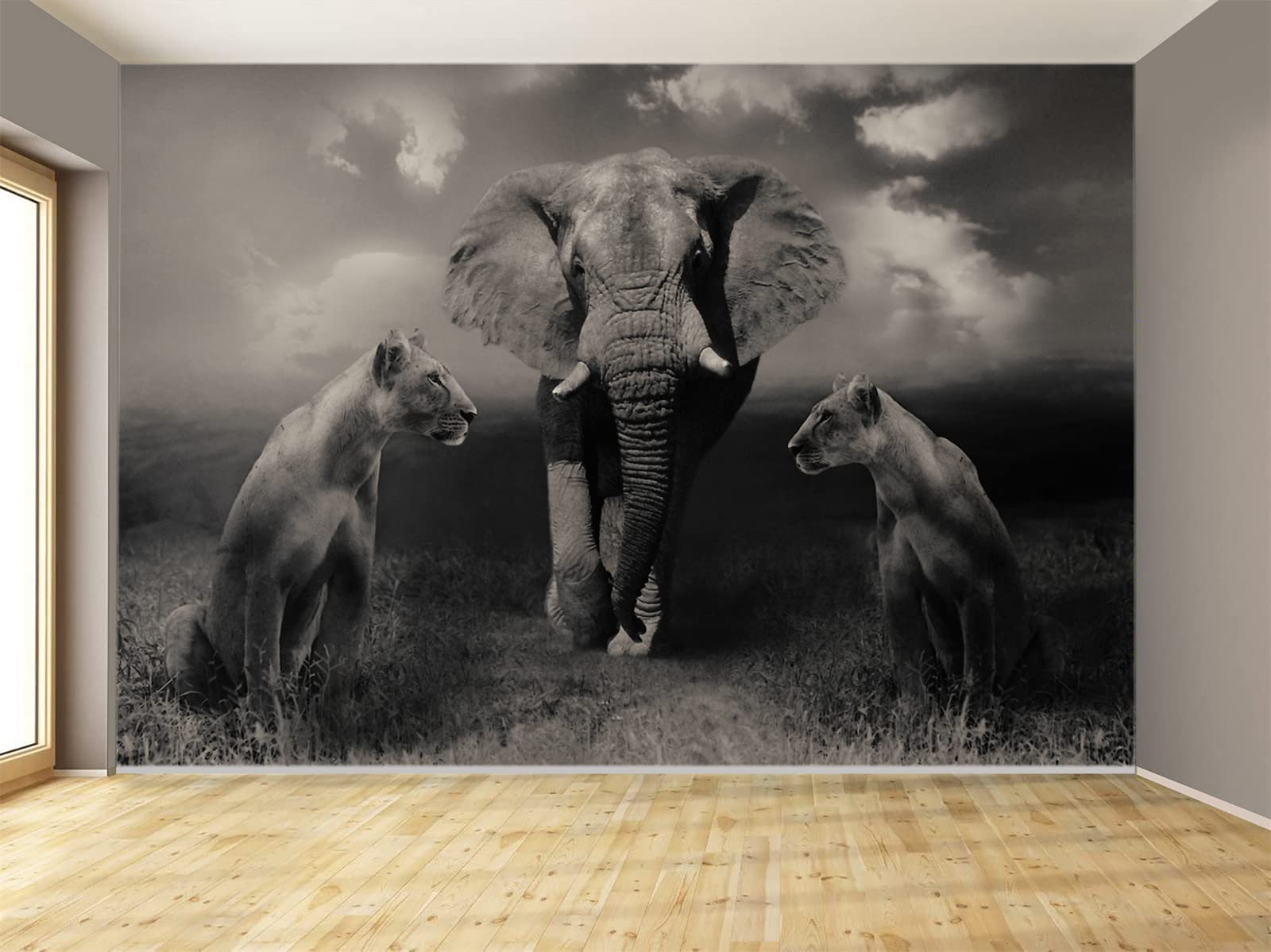 Elephant Leopard Wall Mural - Large Gray Animal Wallpaper | Removable Wall Sticker for Living Room, Bedroom, Office & Kids Room Decor (195