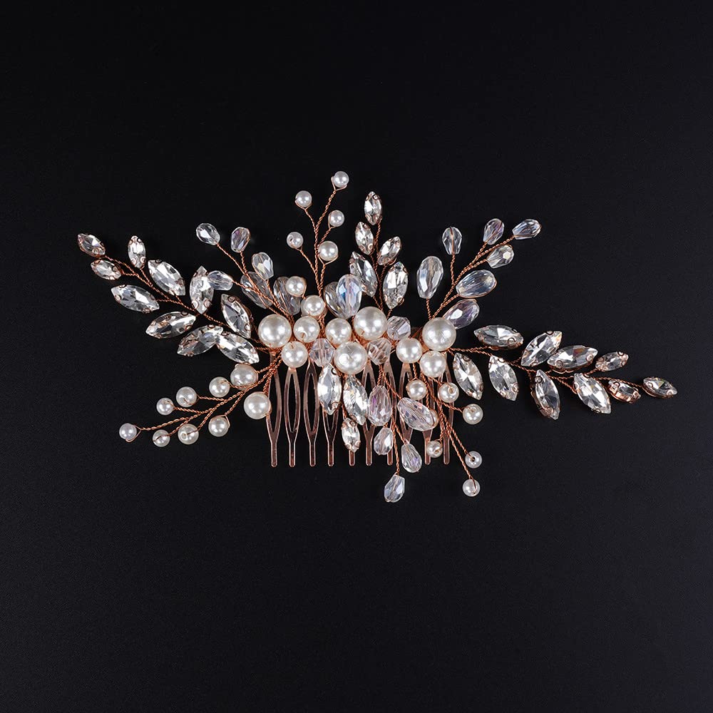 Jumwrit Rose Gold Bridal Hair Comb & Pearl Dangle Earrings Set - Rhinestone Wedding Hair Accessories for Brides, Women & Girls | Handmade for Weddings, Prom & Special Occasions