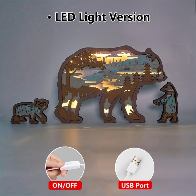 3D Wooden Bear LED Night Light - Hand Carved Wood Lamp for Home Decor, Desk, Bedroom, Living Room, Office & Farmhouse - Perfect Gift for Holidays, Birthday & Housewarming - Creates Cozy Ambiance for Relaxation & Sleep