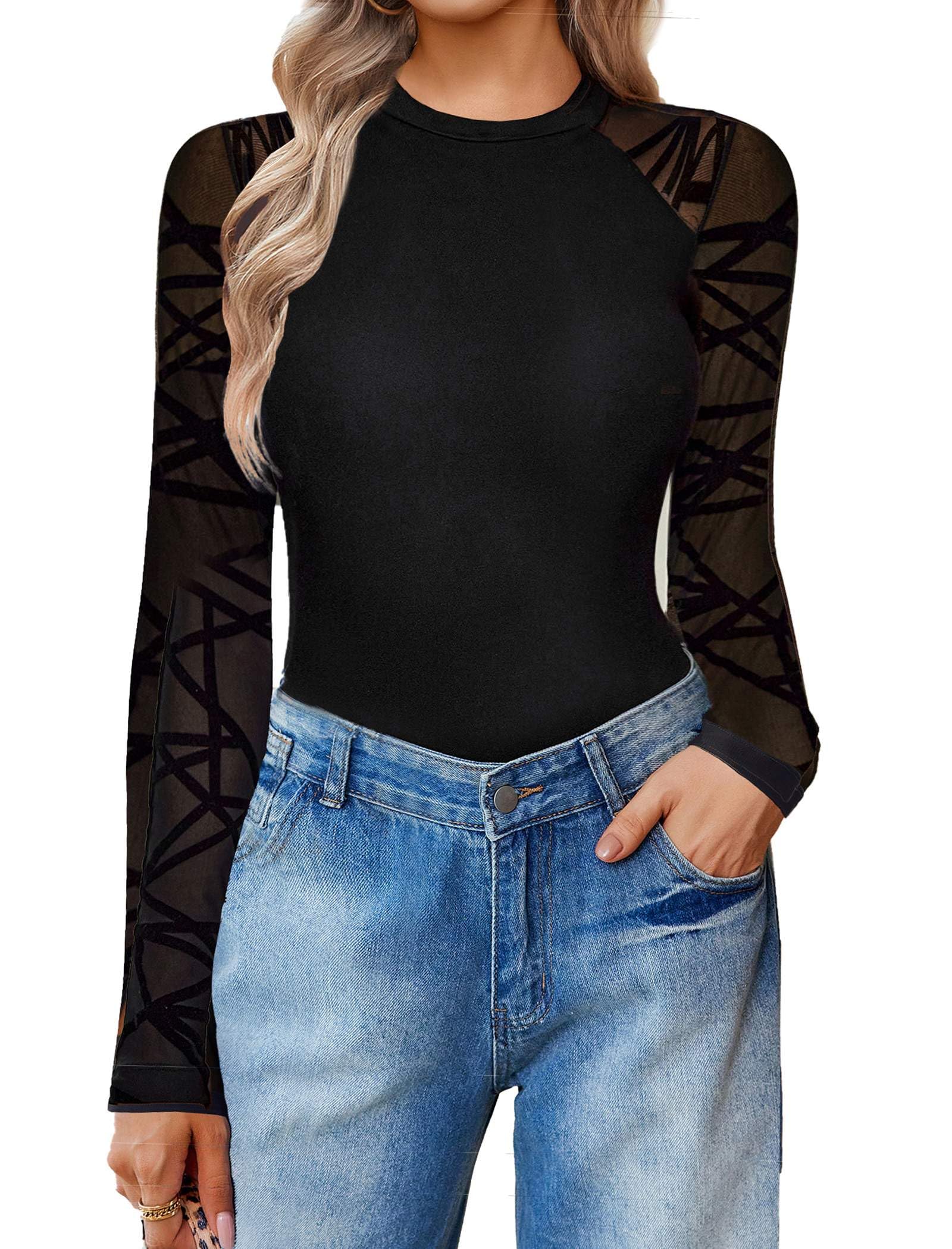 Avidlove Women's Long Sleeve Mesh Bodysuit - Crew Neck One Piece Leotard Shirt for Going Out, Date Night & Casual Wear