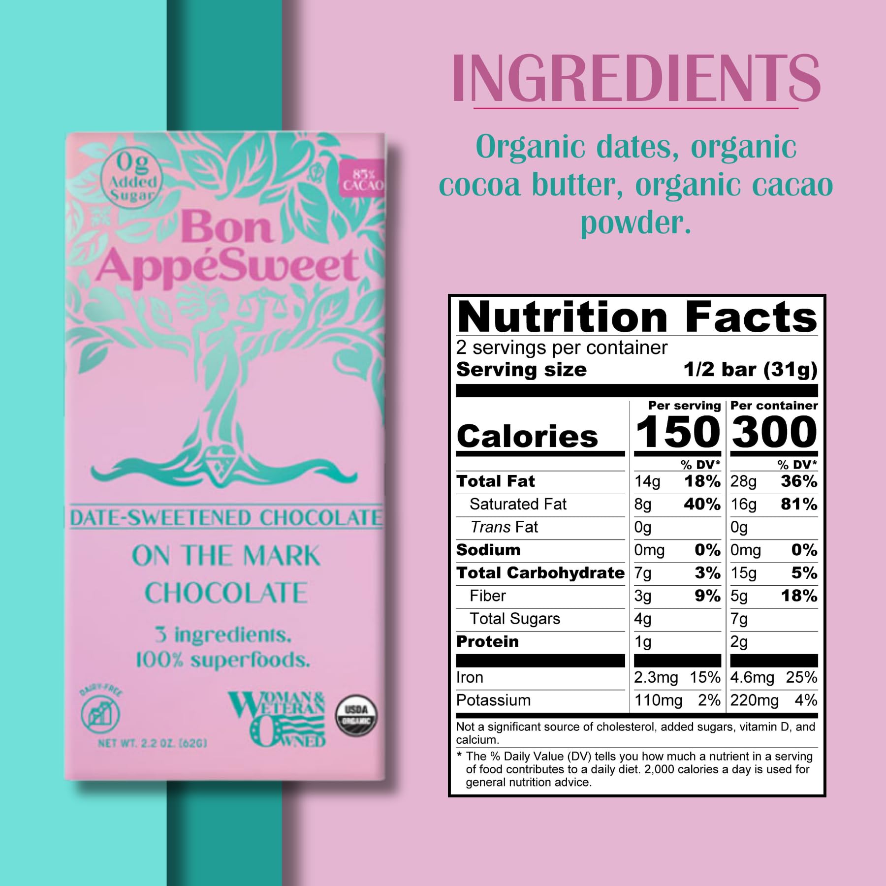 Bon Appesweet Date Sweetened Dark Chocolate Bar - 85% Cacao, Organic, Sugar Free, Vegan, Dairy Free (Pack of 5, 2.2oz) | Healthy Snack for Keto Diet, Weight Loss & Guilt-Free Dessert | Perfect for Gifts, Office Treats & After-Dinner Indulgence