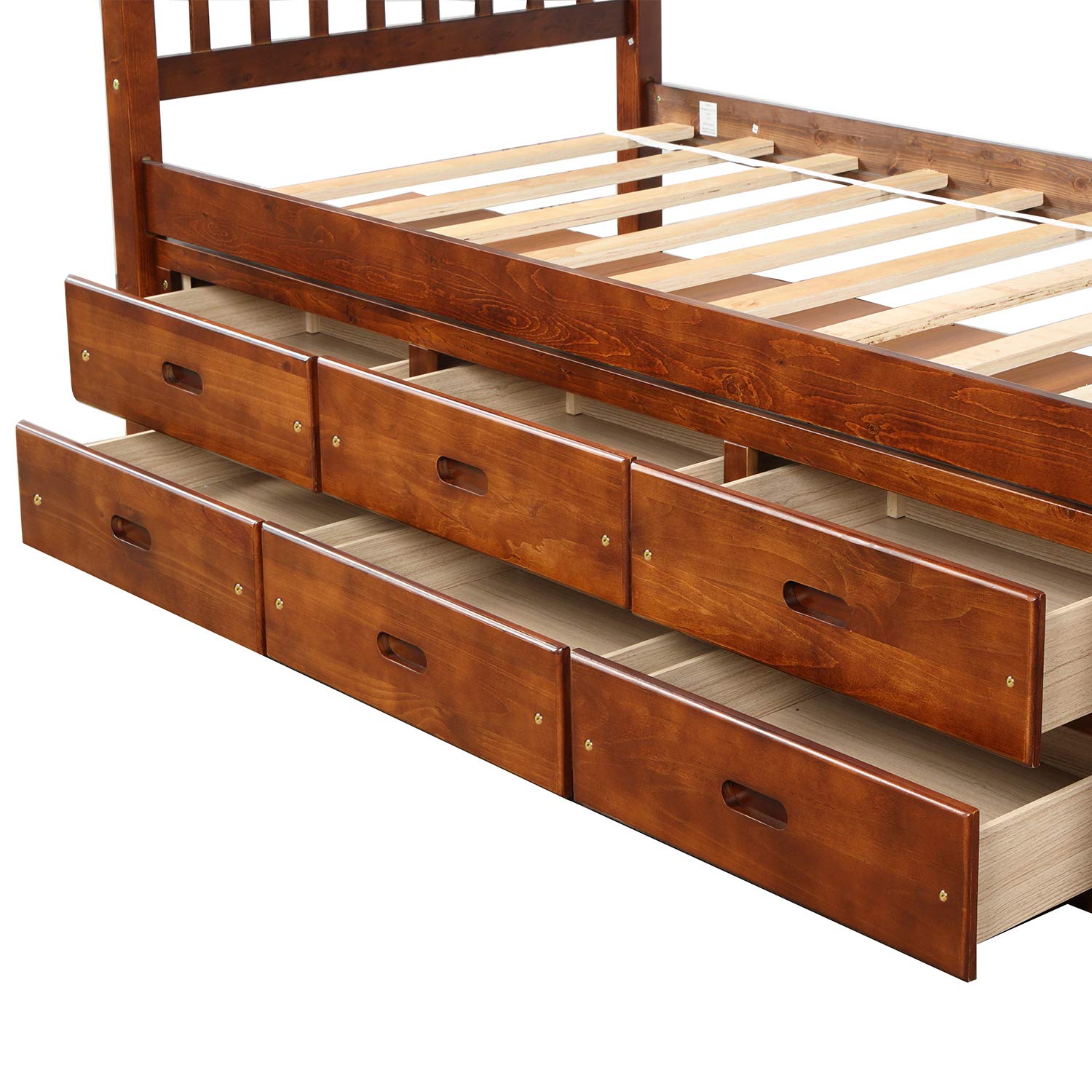 JULYFOX Twin Storage Bed Frame with 6 Drawers - Walnut Pine Wood Platform for Small Spaces | Heavy Duty Bedroom Furniture