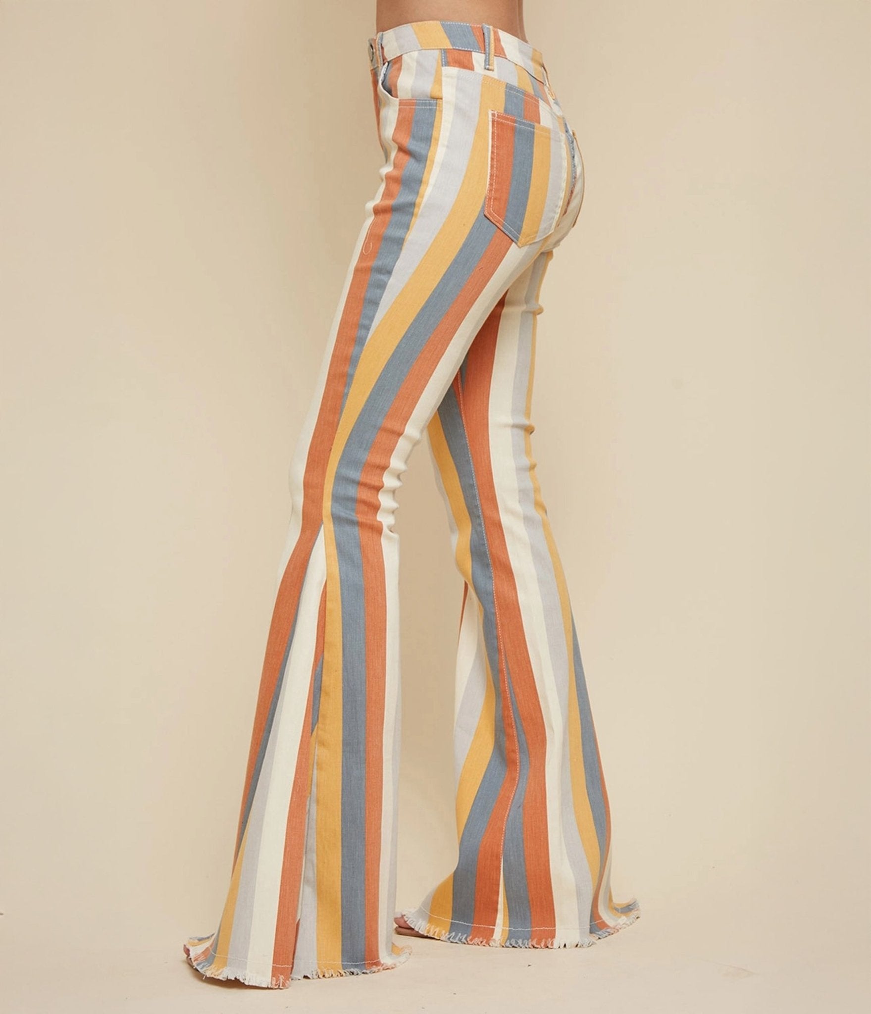 Vintage 1970s Earth Tone Striped Bell Bottom Jeans - Retro High Waisted Flared Pants for Women, 70s Hippie Style Denim for Music Festivals & Costume Parties