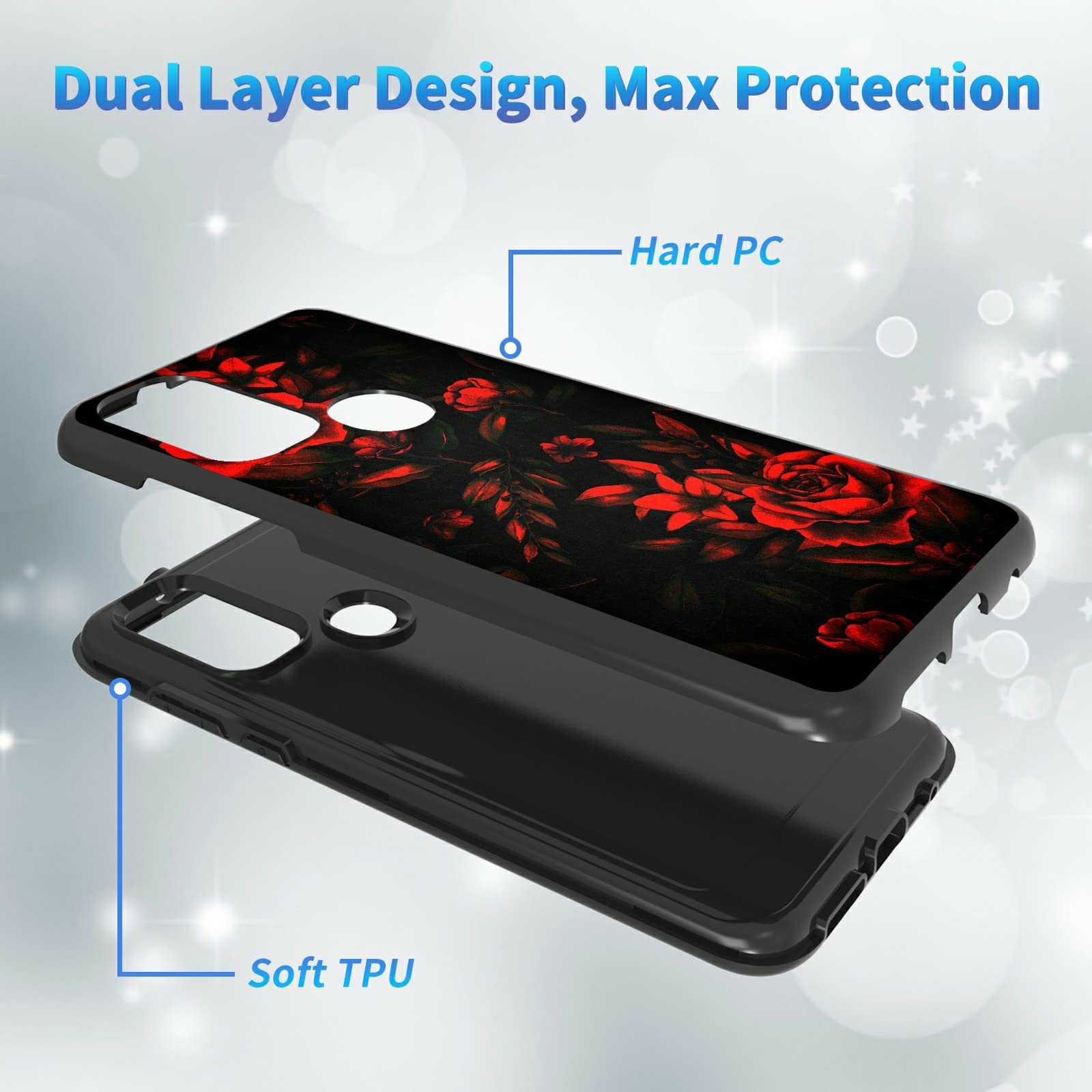 2 in 1 Shockproof Phone Case for Motorola Moto G Pure (2021) - Heavy Duty Dual Layer Hard PC & Soft Rubber Cover - Red Rose Art Design - Perfect for Women & Girls - Ideal for Everyday Protection, Outdoor Activities & Work