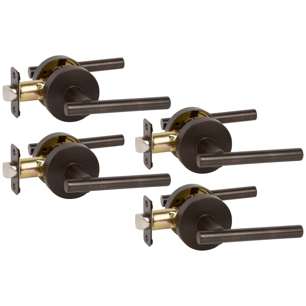 Oil Rubbed Bronze Euro Door Lever Hardware Set - 4 Pack for Hallway & Closet Doors | Durable Passage Levers with Designer Kain Style | Perfect for Modern Homes & Interior Decor