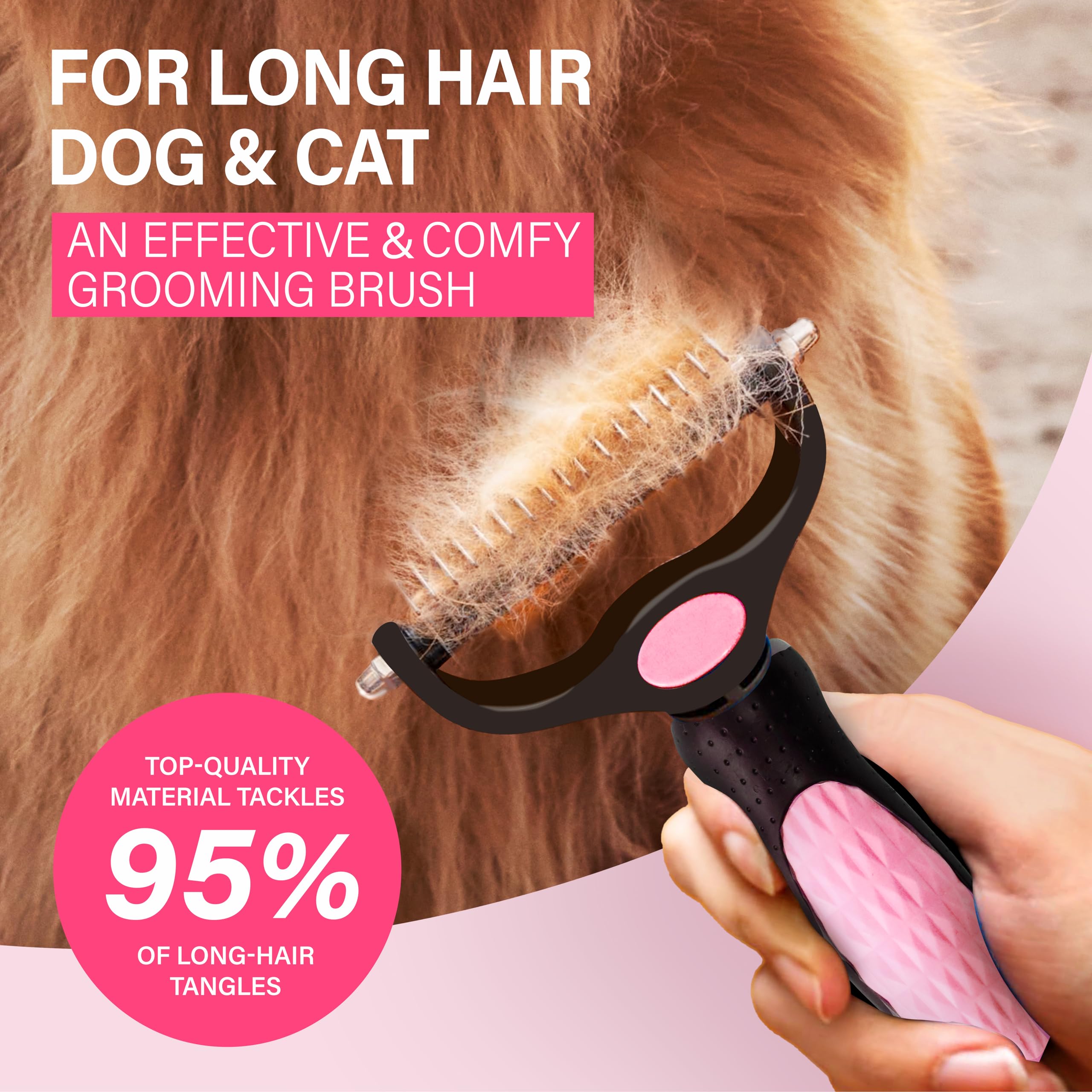 Professional Pet Grooming Brush for Dogs & Cats - Extra Wide Double-Sided Stainless Steel Undercoat Rake for Long-Haired Pets, Removes Knots, Mats & Tangles, Reduces Shedding by 95% (Pink) - Perfect for Home Grooming & Shedding Control
