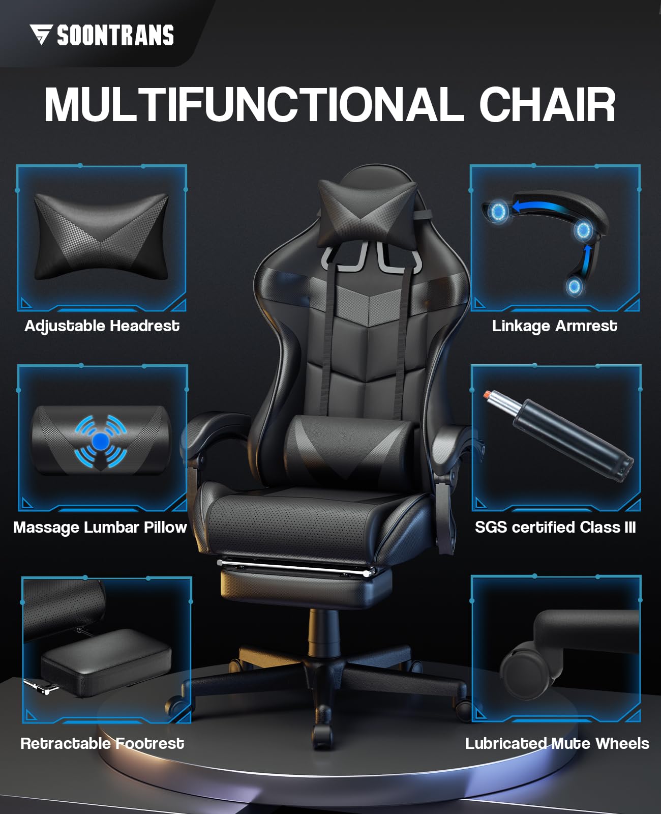 Soontrans Black Gaming Chair with Footrest - Ergonomic Computer Office Chair with Adjustable Headrest & Lumbar Support for PC Gamers - Perfect for Home Gaming Setup & Workstation (Dark Black)