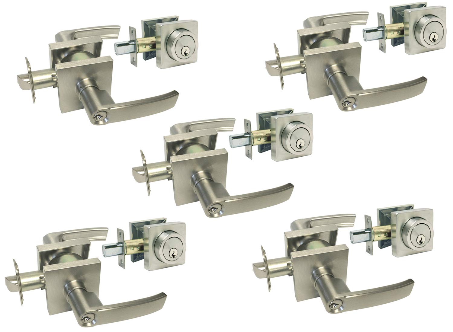 5 Sets Satin Nickel Square Plate Entry Door Lever Handles with Matching Deadbolts - Keyed Alike 8048DC - Perfect for Home, Office, and Apartment Security Upgrade
