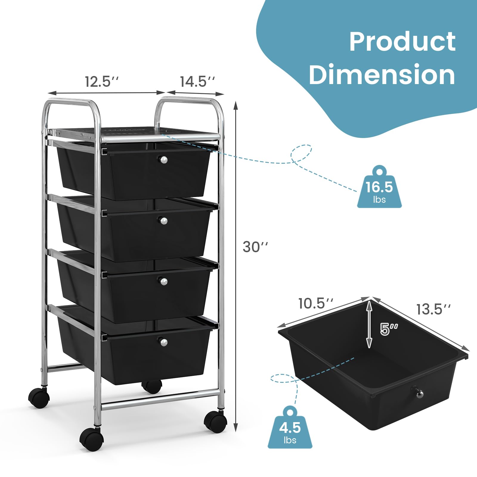 COSTWAY 4-Drawer Rolling Storage Cart | Plastic Organizer with Removable Drawers | Multipurpose Utility Cart for Home, Office & School | Perfect for Scrapbook Paper, Tools & Supplies (Black)