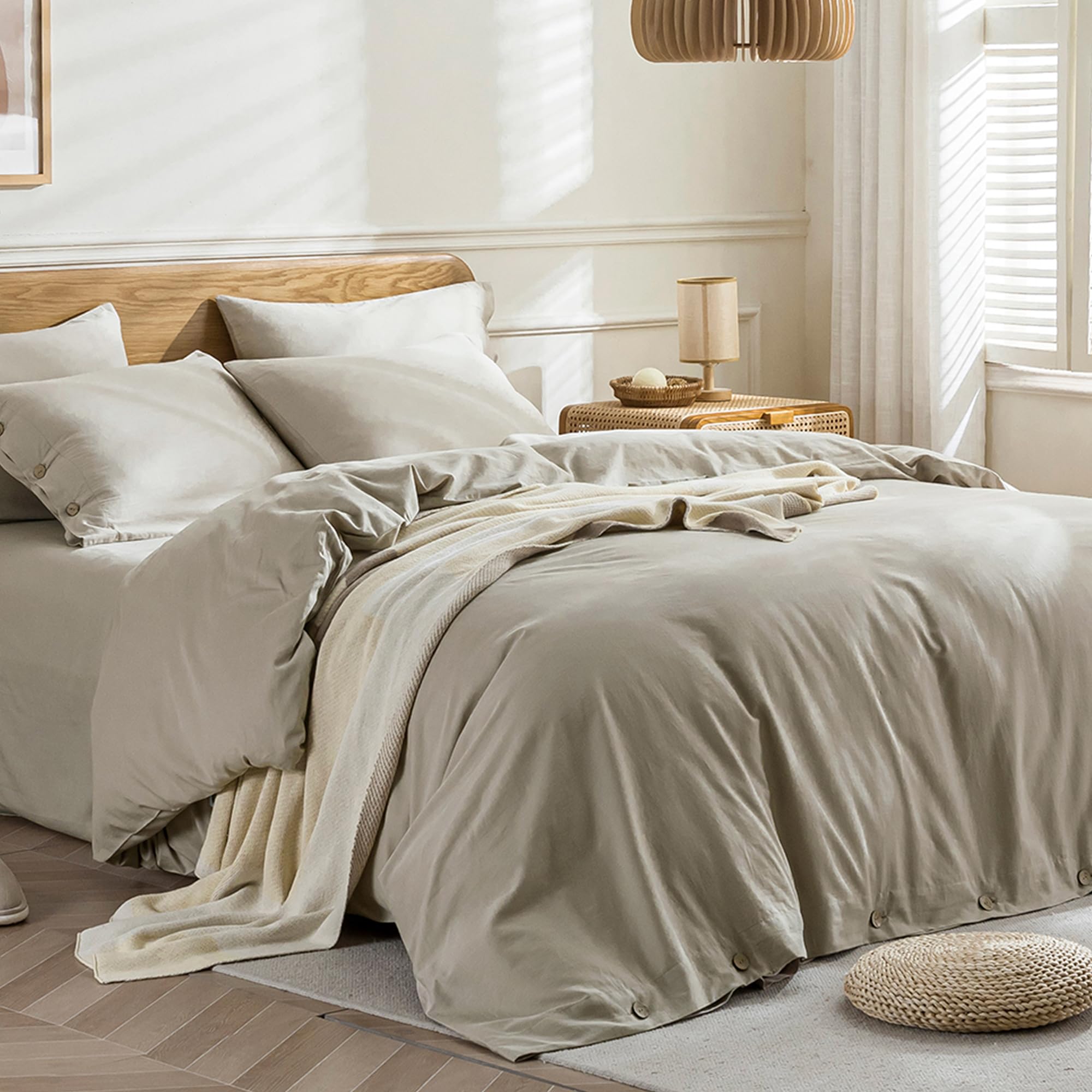 JELLYMONI 100% Washed Cotton Linen-Like Comforter Cover Set - Breathable Soft Bedding with Button Closure (Twin 68x90, Linen Gray) - Perfect for Cozy Bedrooms, Guest Rooms & Dorm Decor