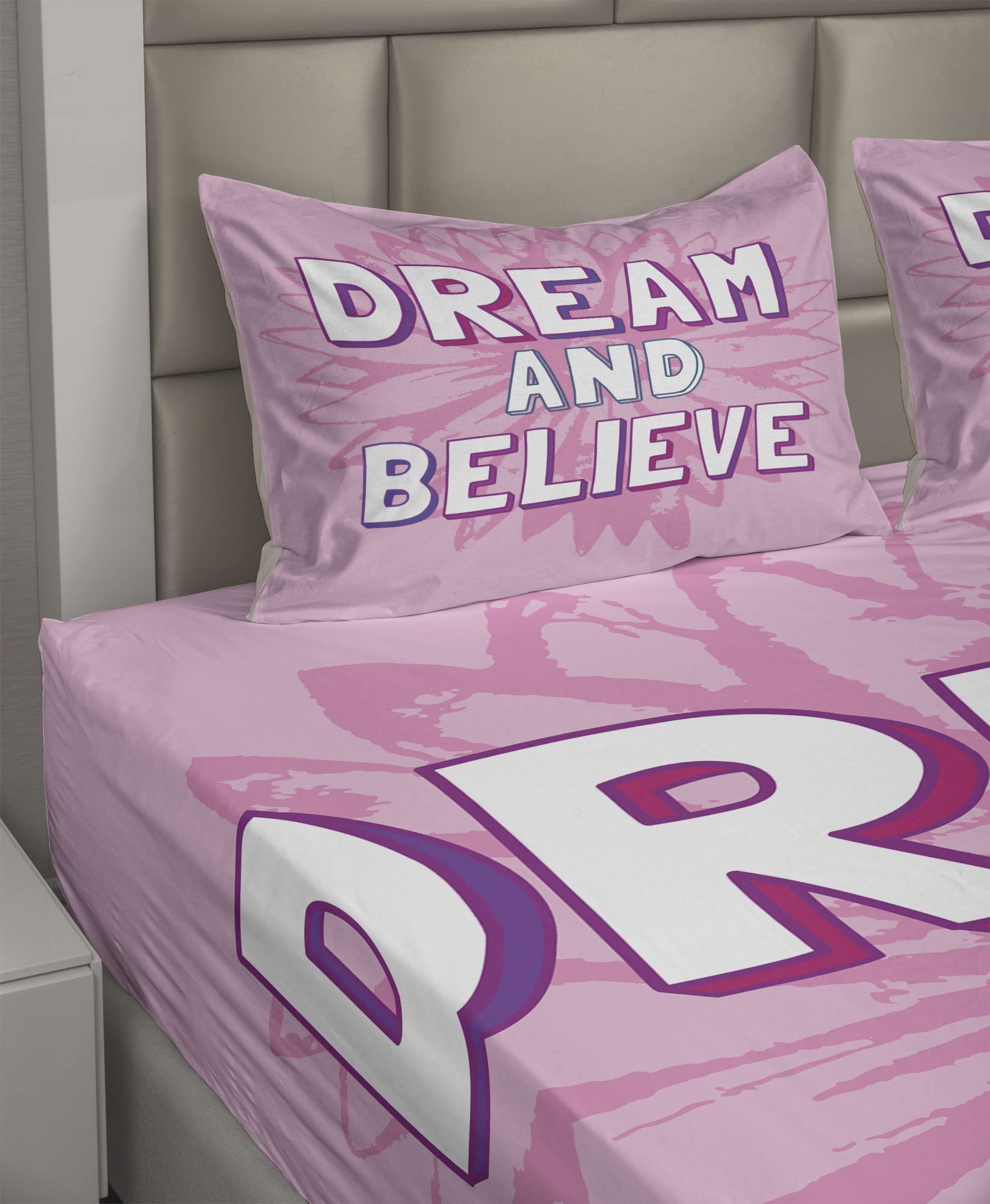 Ambesonne 4-Piece King Size Sheet Set - Dream and Believe Floral Geometric Print, Pink & White Bedding with Fitted Sheet, Flat Sheet & Pillowcases | Perfect for Master Bedrooms, Guest Rooms & Bohemian Home Decor