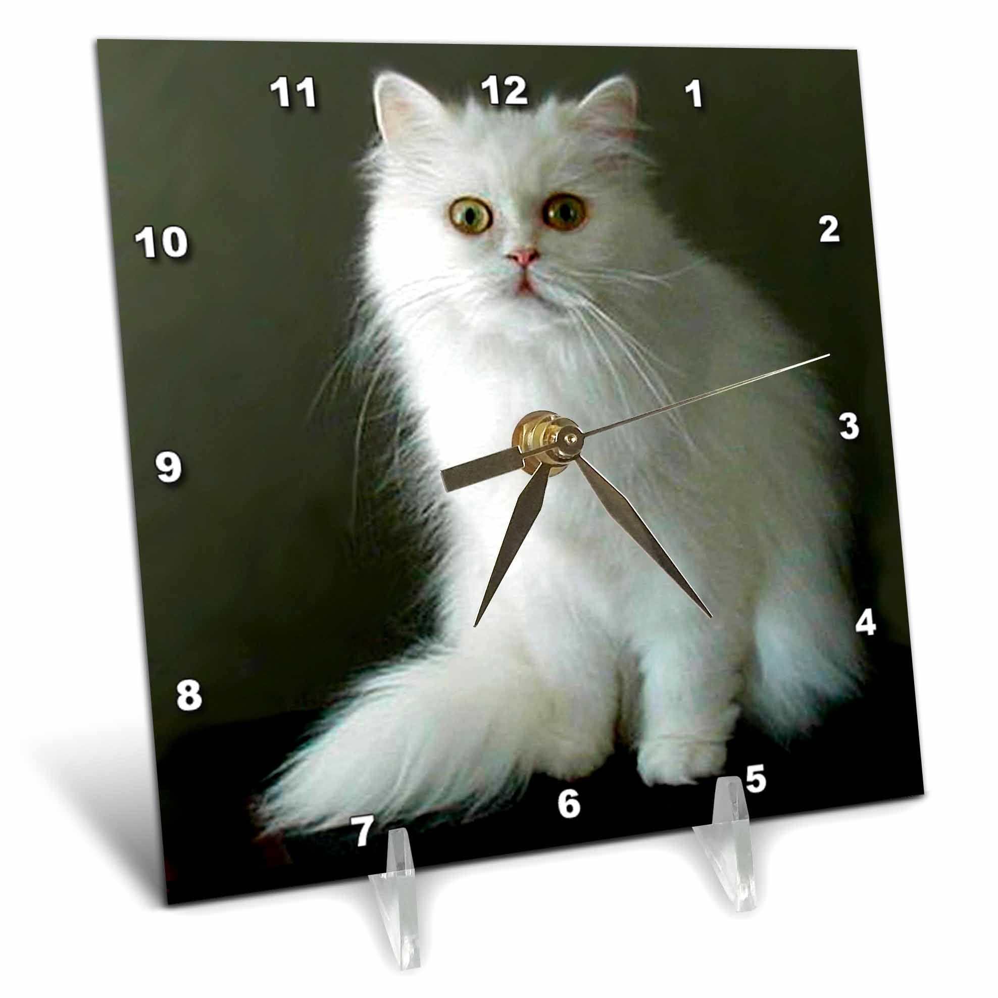 3D White Persian Cat Design Desk Clock - 6x6 Inches, Elegant Home & Office Decor, Perfect Gift for Cat Lovers - Ideal for Desks, Bookshelves, and Living Room Decorations