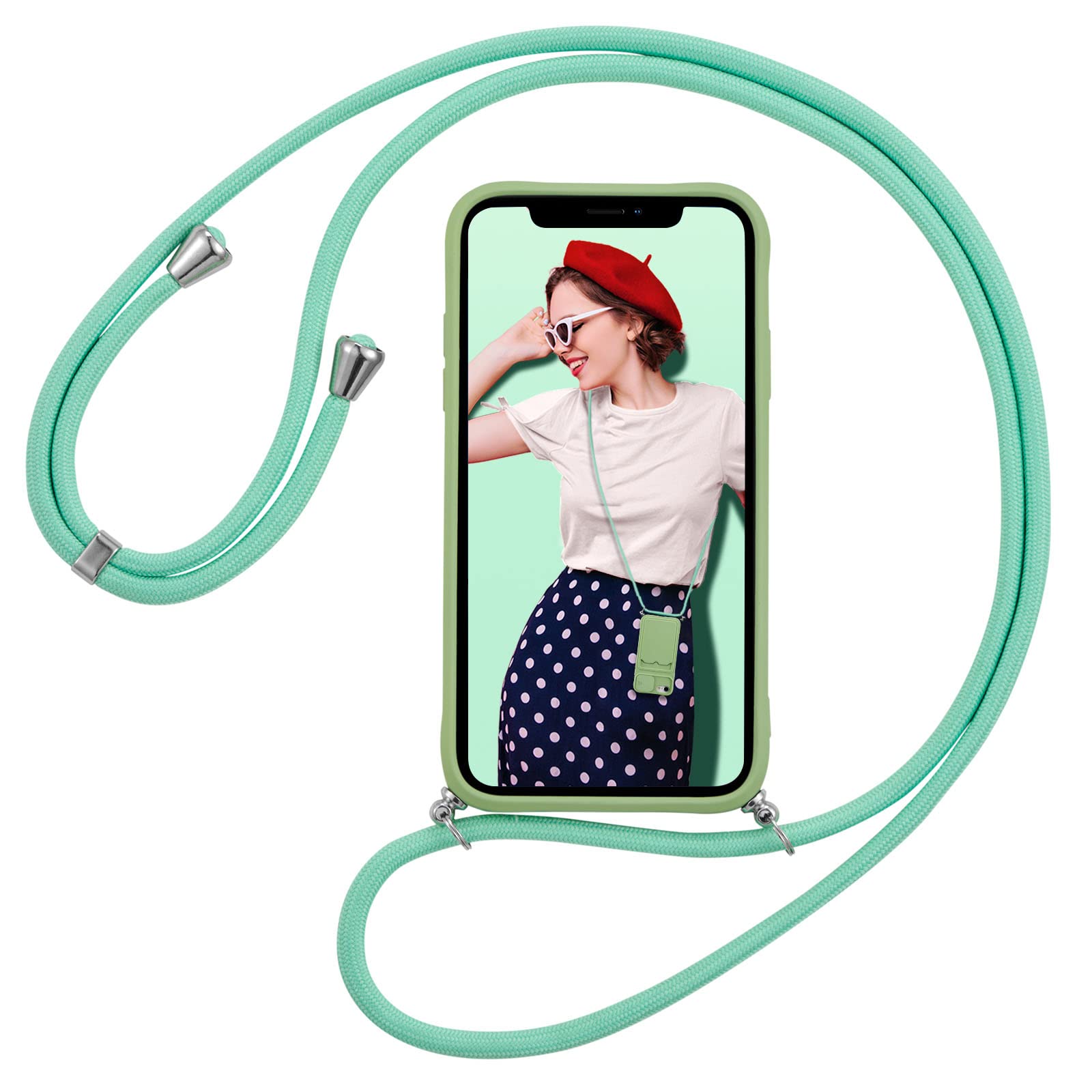UEEBAI iPhone 13 6.1 Inch Crossbody Phone Case with Camera Cover & Silicone Card Holder - Adjustable Neck Strap, Shockproof Protective Case (Matcha Green) - Perfect for Travel, Shopping & Hands-Free Daily Use