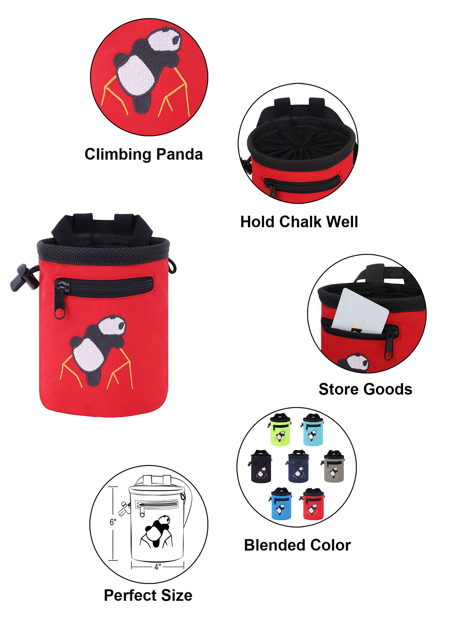 AMC Rock Climbing Chalk Bag with Panda Embroidery & Zipper Pocket - Perfect for Bouldering, Gym Training & Outdoor Climbing Adventures