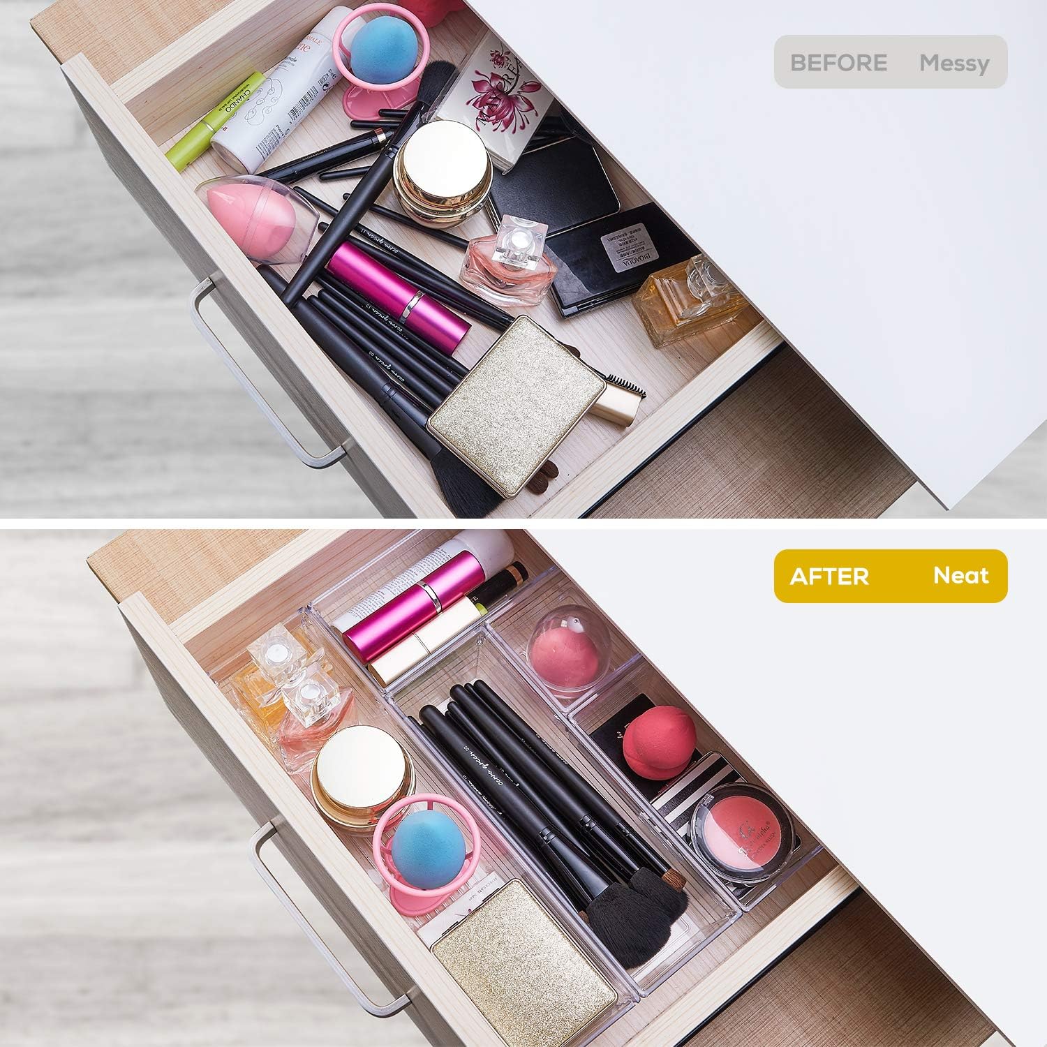 14-Piece Clear Plastic Drawer Organizer Set - 4-Size Stackable Storage Trays for Makeup, Jewelry, Kitchen Utensils & Office Supplies | Perfect for Bedroom, Bathroom & Desk Organization