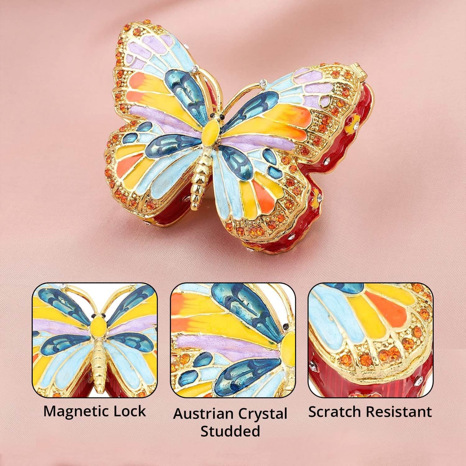 SHOP LC Women's Crystal Enameled Butterfly Jewelry Box - Dual Tone Trinket Organizer for Rings, Earrings & Necklaces | Elegant Birthday Gift for Her, Home Decor & Jewelry Storage Solution