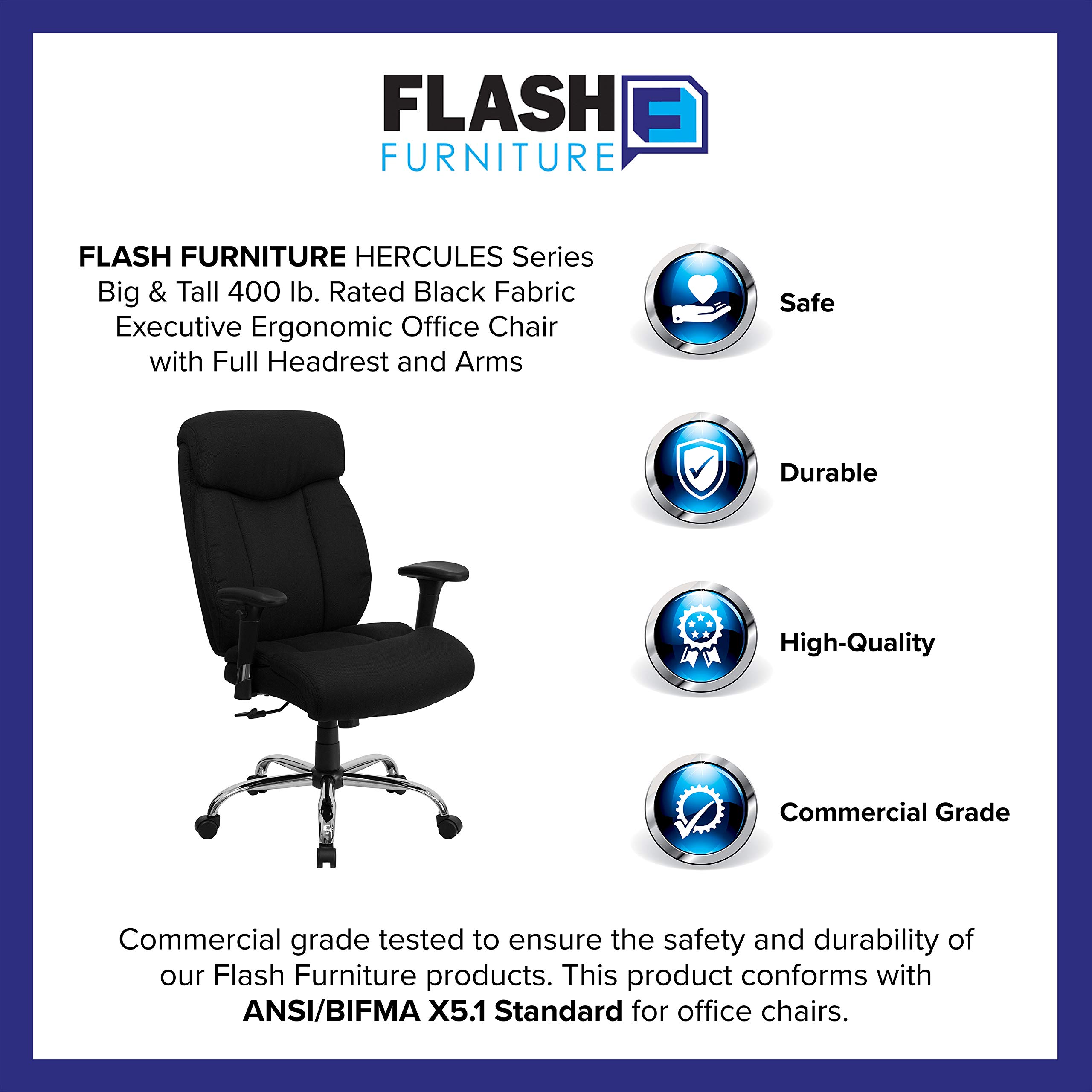 Flash Furniture HERCULES Series Big & Tall 400 lb. Capacity Black Fabric Executive Ergonomic Office Chair with Adjustable Headrest & Arms - Heavy Duty Desk Chair for Home Office, Gaming & Workspaces