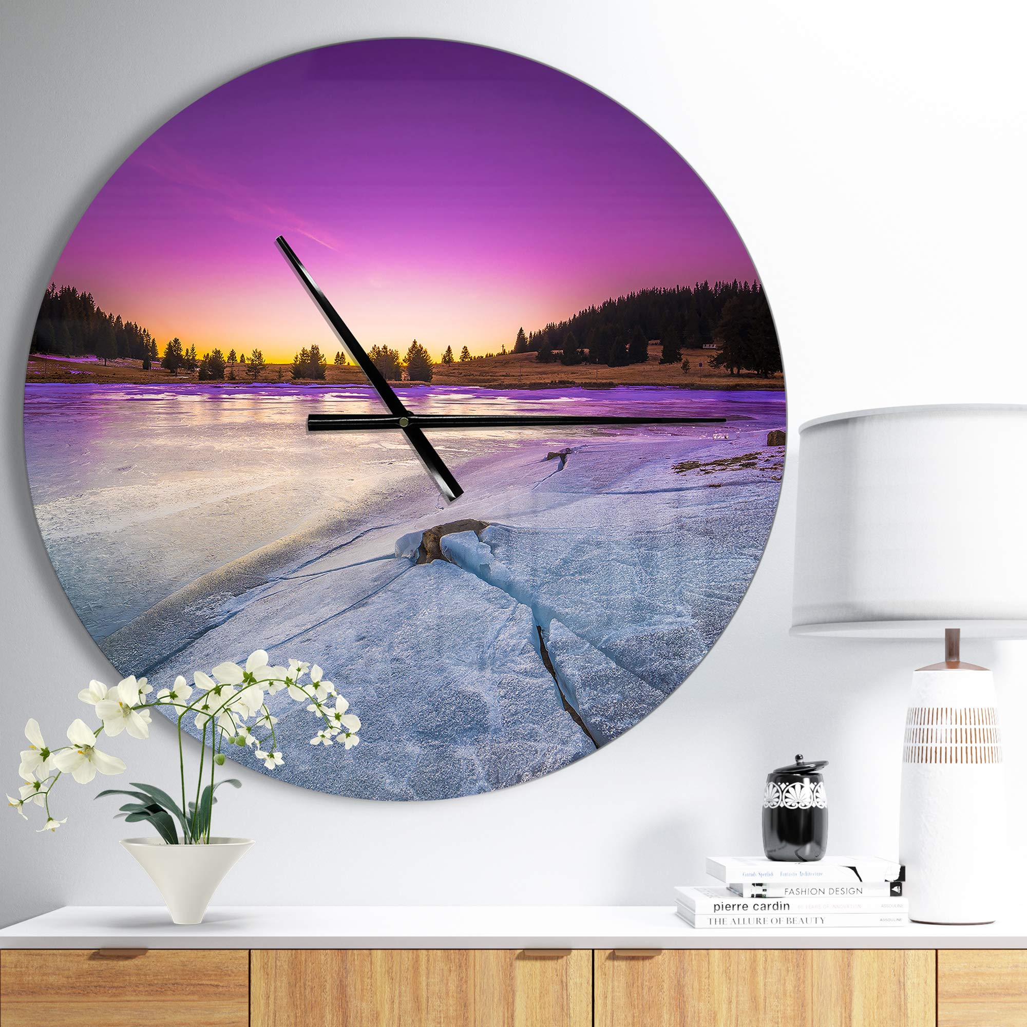 Designart Sunrise Over Frozen Lake Modern Round Wall Clock - Contemporary Metal Wall Art for Home, Living Room, Bedroom & Office Decor | Perfect for Nature Lovers & Winter-Themed Interiors