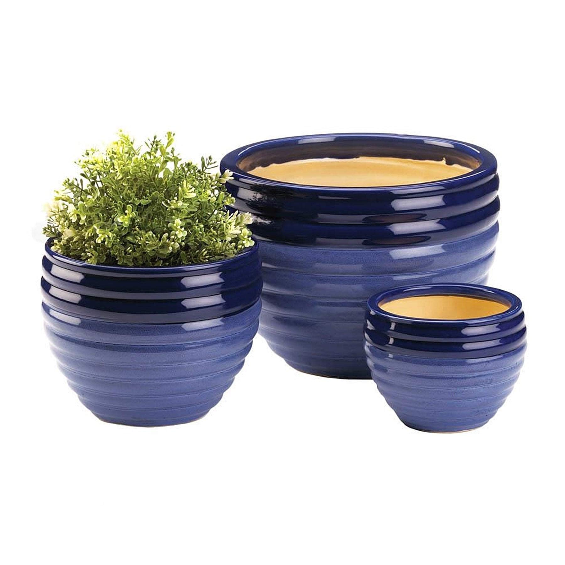 BSD National Supplies Olathe Two-Tone Blue Ceramic Plant Holders - Set of 3 | Indoor/Outdoor Flower Pots for Home Decor, Office & Garden