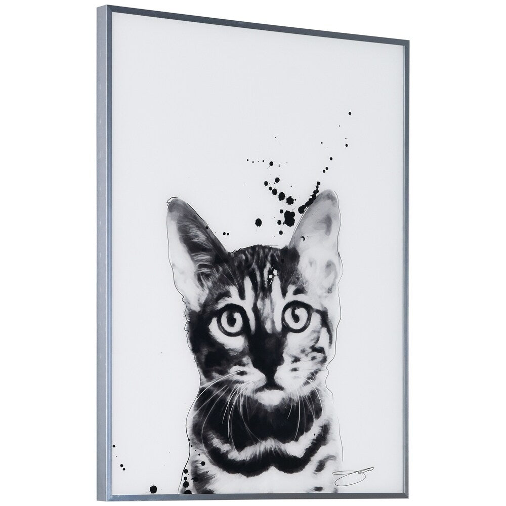 Bengal Cat Black and White Dog Wall Art - Reverse Printed Glass with Gunmetal Anodized Frame - Perfect for Living Room, Bedroom & Office Decor