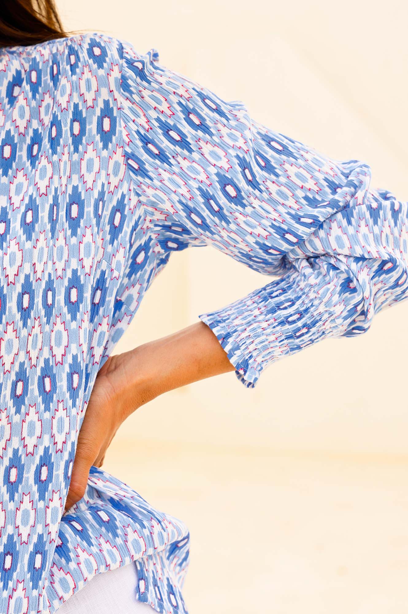 Kaia Blouse Women's Aztec Print Light Blue and Red Floral Boho Top - Perfect for Casual Wear, Festivals, and Vacation Outfits