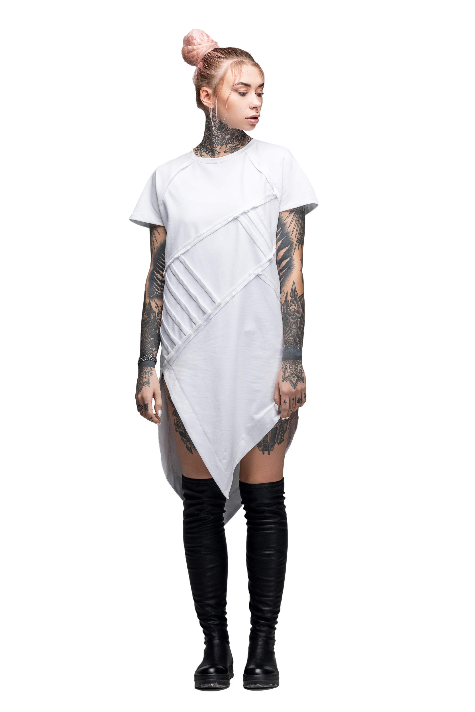 MDNT45 Women's White Asymmetric Geometric Futuristic Tunic Dress - 100% Cotton Casual Streetwear for Autumn | Perfect for Office, Date Night & Fall Fashion Outfits
