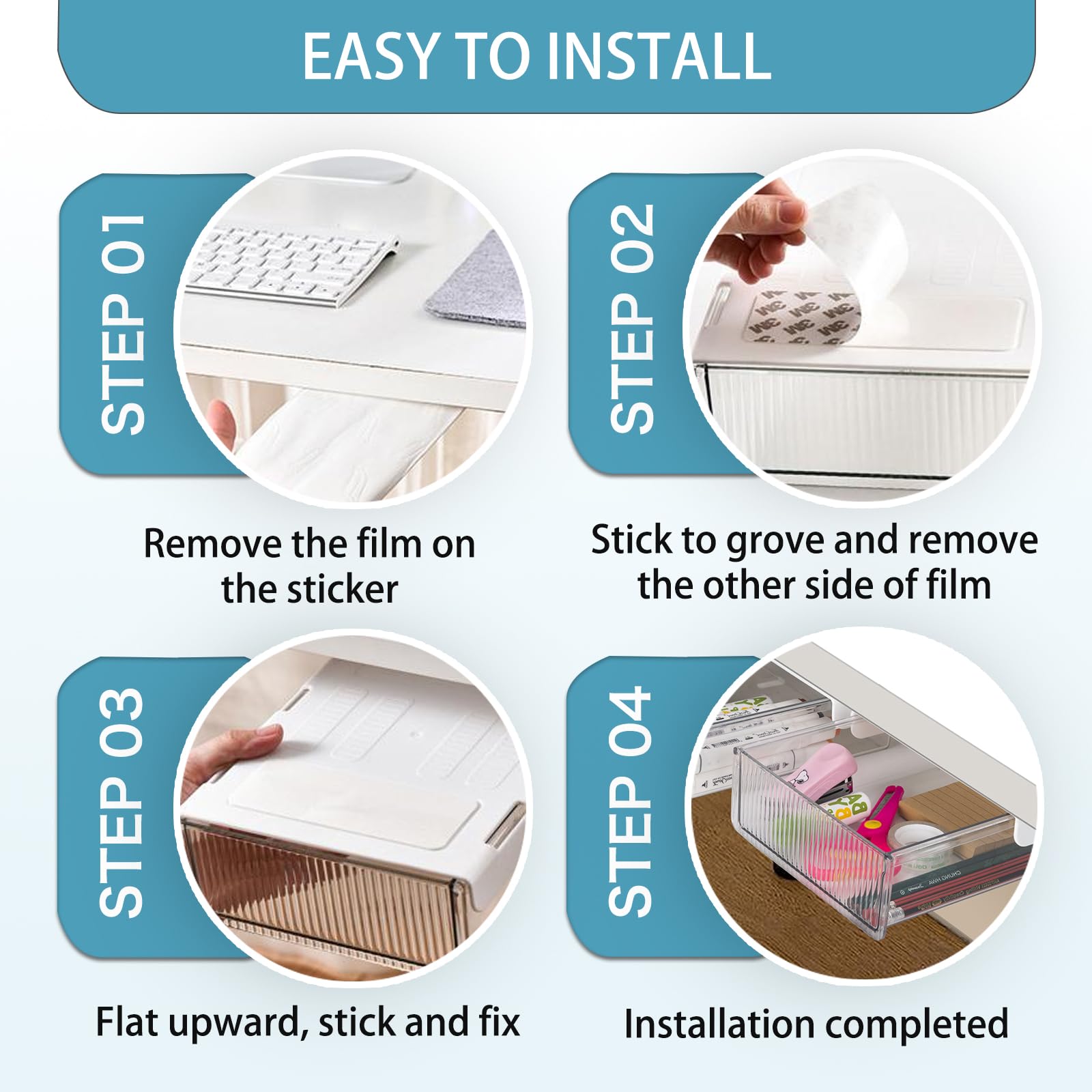 2 Pack Under Desk Storage Drawer - Slide Out Self-Adhesive Organizer for Office & Home, Clear Hidden Table Drawer for Pencils, Supplies & Workspace Accessories | Perfect for Small Spaces & Clutter-Free Desks