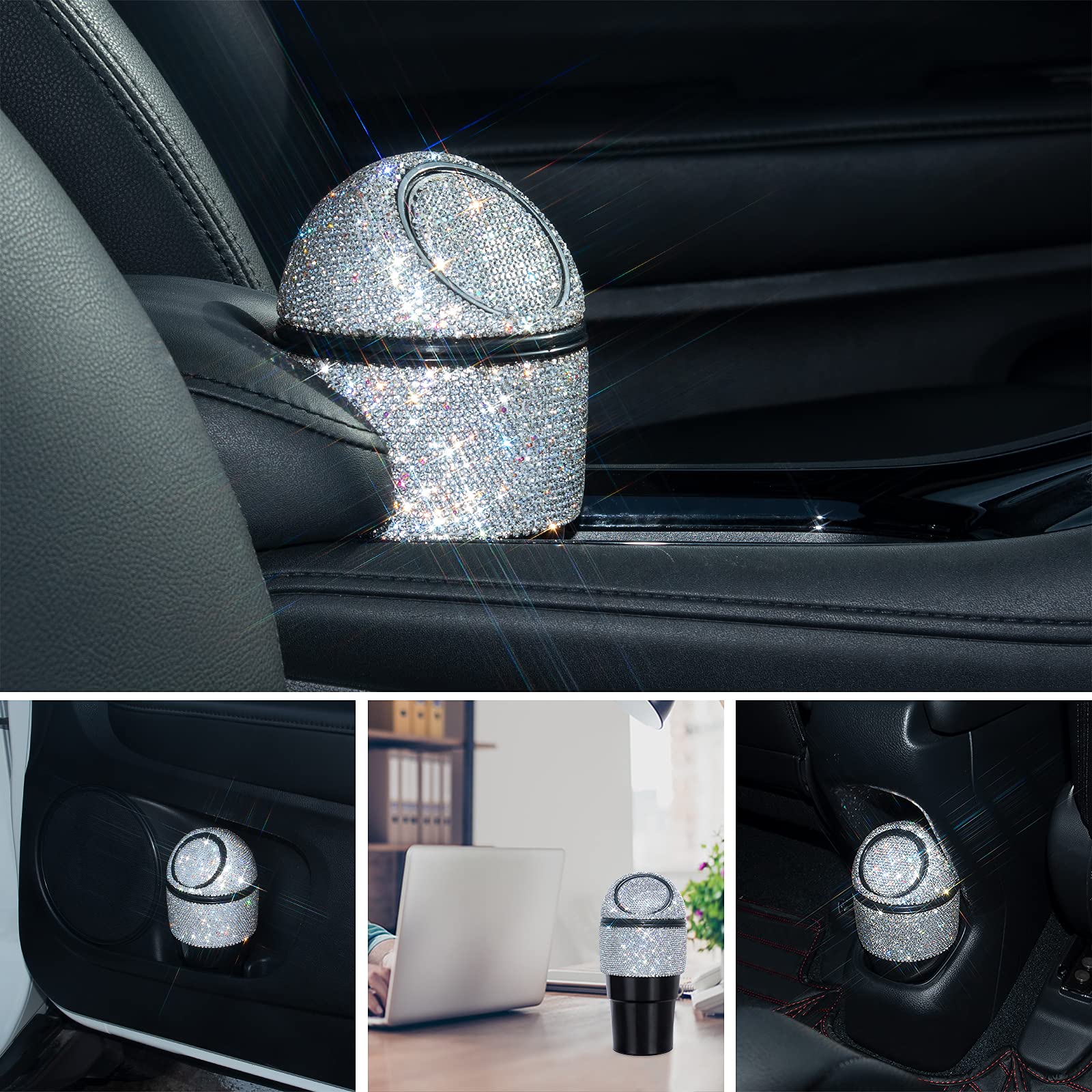 Bling Crystal Car Trash Can with Lid - Mini Auto Garbage Bin for Car, Office & Home - Includes 5 Pack Disposable Bags - Perfect for Women's Vehicles & Cup Holder Use - Silver