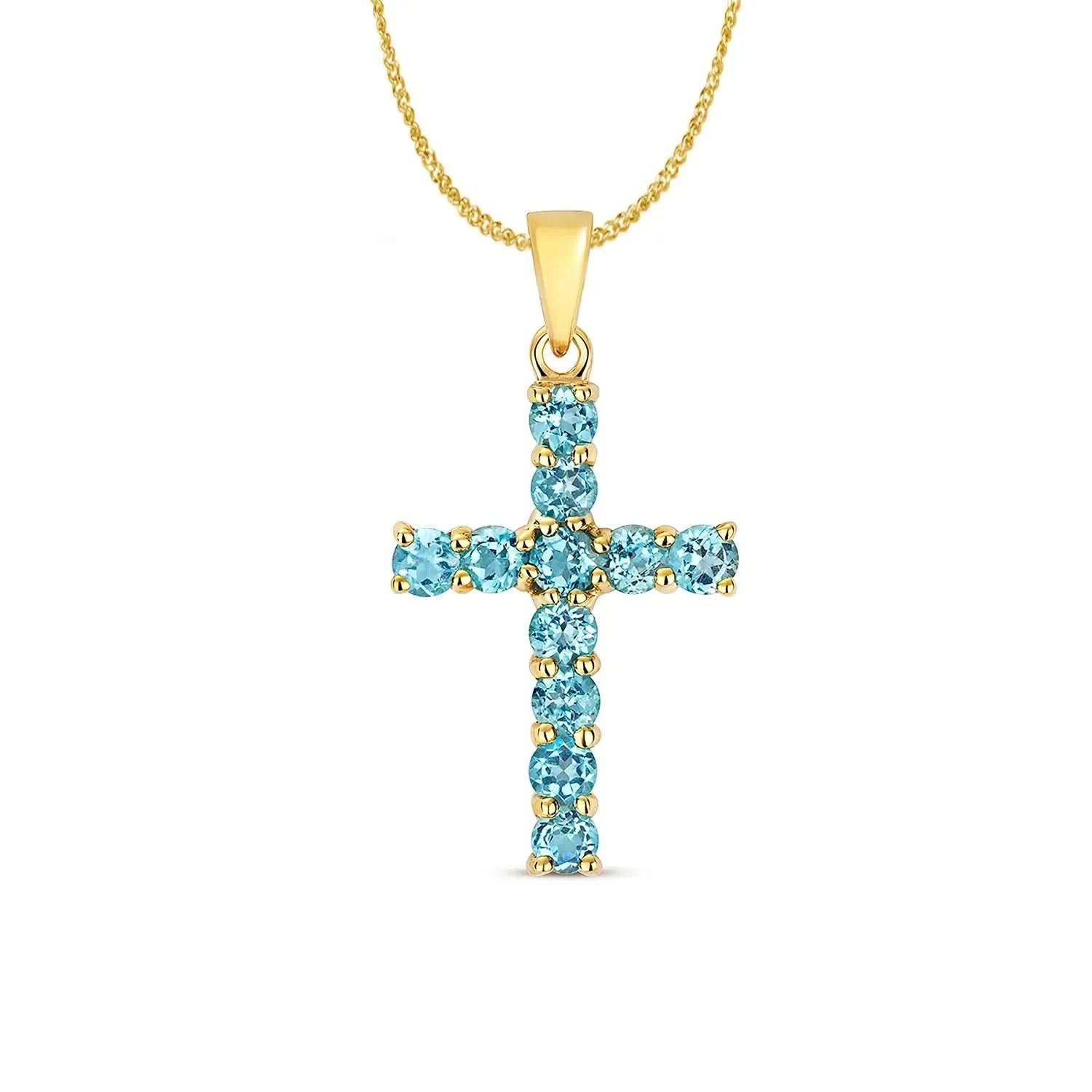 14K Solid Gold Blue Topaz Cross Pendant Necklace for Women - Elegant Religious Jewelry Gift for Baptism, Confirmation & Everyday Wear