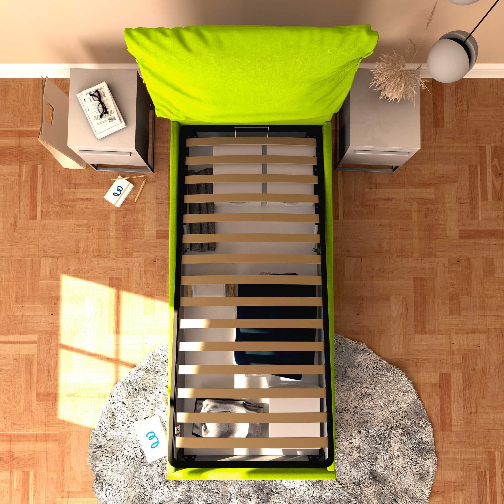 Baldiflex Single Bed with Storage - Licia Soft Synthetic Leather, Slatted Base for Single Mattress, 90 x 190 cm, Padded Headboard, Apple Green - Perfect for Small Bedrooms, Guest Rooms & Studio Apartments