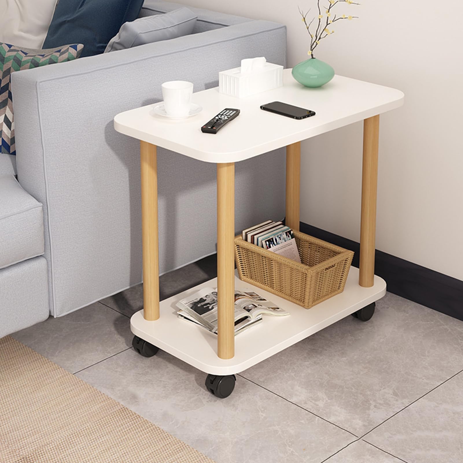 2-Tier Wooden Side Table with Wheels - Mobile End Table, Nightstand, or Coffee Table for Bedroom & Living Room - White Small Space Furniture for Easy Storage & Room Organization