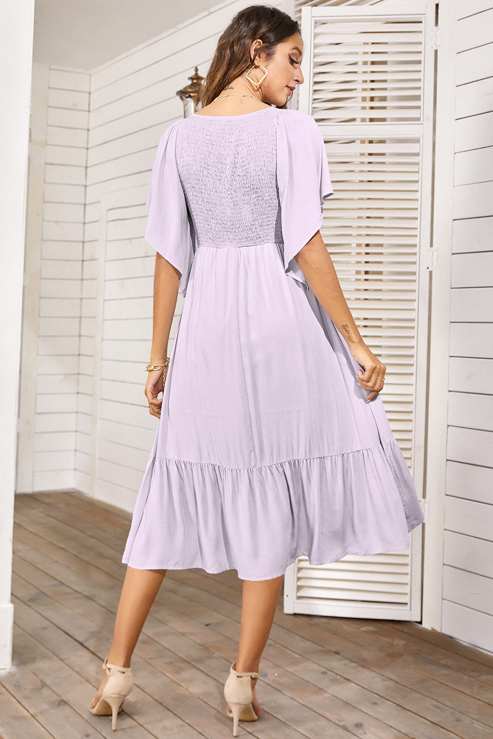 PYGFEMR Women's Summer Floral Print Empire Waist Dress - Smocked Flutter Short Sleeve V-Neck Midi Dress for Beach, Vacation & Casual Wear