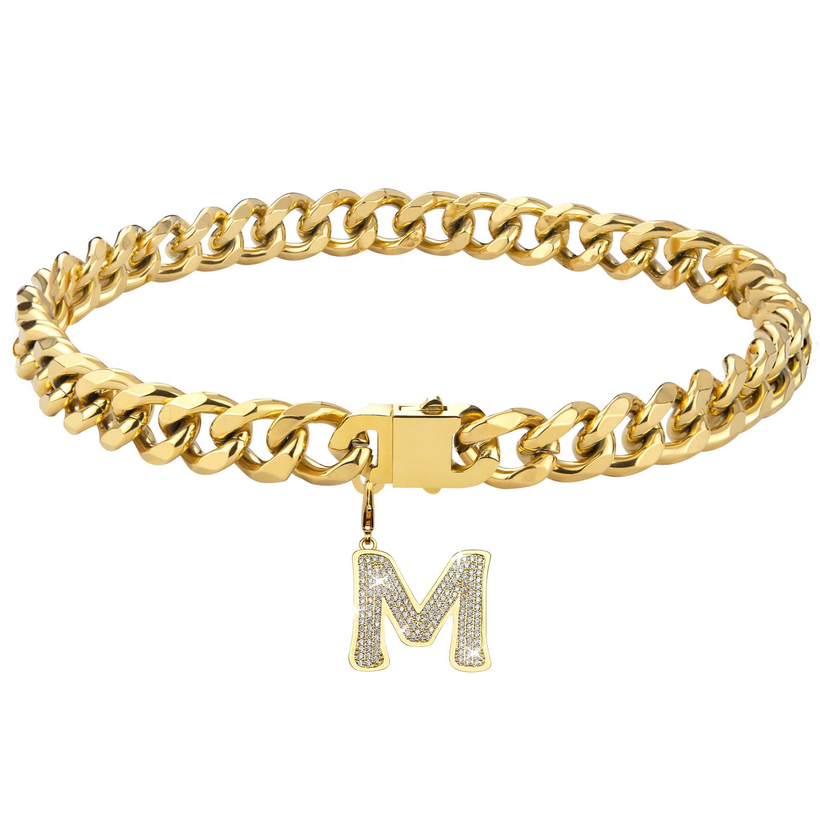 Personalized Gold Chain Dog Collar with Bling Zircons - Heavy Duty Chew Proof Cuban Link Metal Necklace for Medium & Large Dogs - Perfect for Pet Fashion, Special Occasions & Daily Walks (Letter M, 16IN)