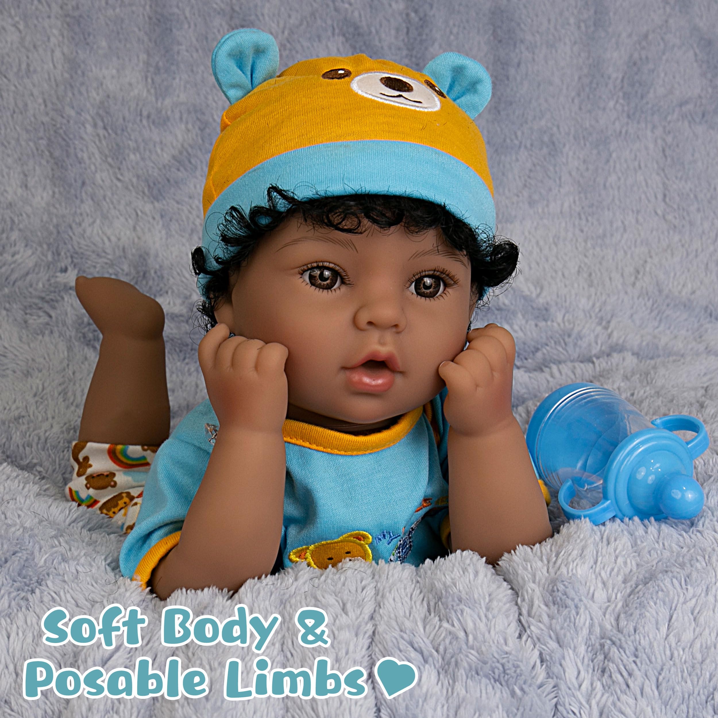 18-Inch Lifelike Reborn African American Baby Boy Doll - Soft Cloth Body Realistic Newborn Doll with Complete Outfit & Toy Accessories | Perfect Gift for Kids 3+, Collectors & Role Play Scenarios