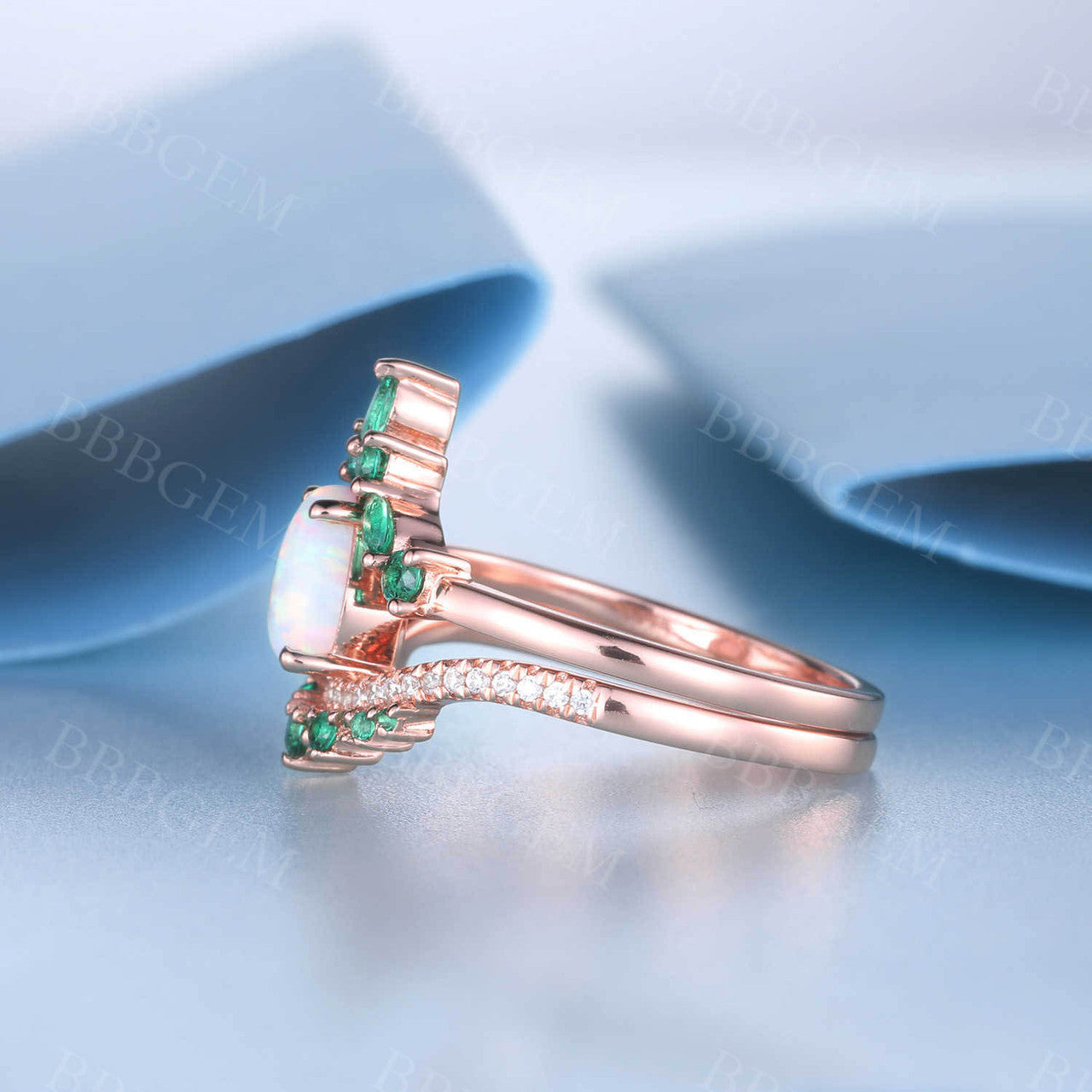 14K Rose Gold Opal Emerald Engagement Ring Set - Unique Stacking Band for Women, Perfect for Anniversaries, Weddings & Special Occasions