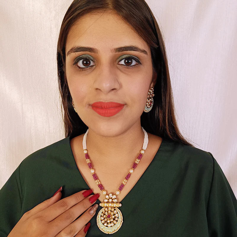 Luxury Gold Plated Royal Kundan Ruby Beads Pendant Necklace Set (D437) - Perfect for Weddings, Parties & Special Occasions