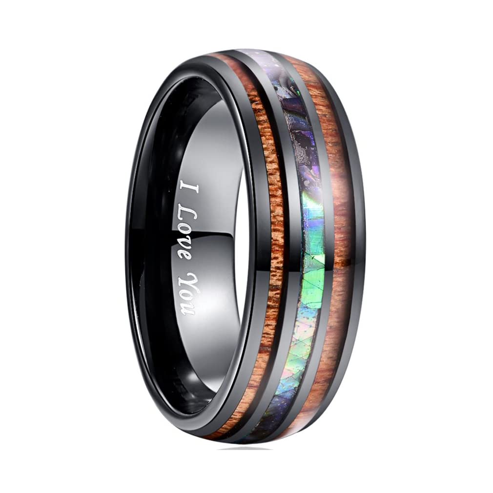 Sunrise100 6mm Hawaiian Koa Wood & Abalone Shell Tungsten Carbide Wedding Band for Men - Durable & Stylish Ring for Weddings, Anniversaries & Everyday Wear