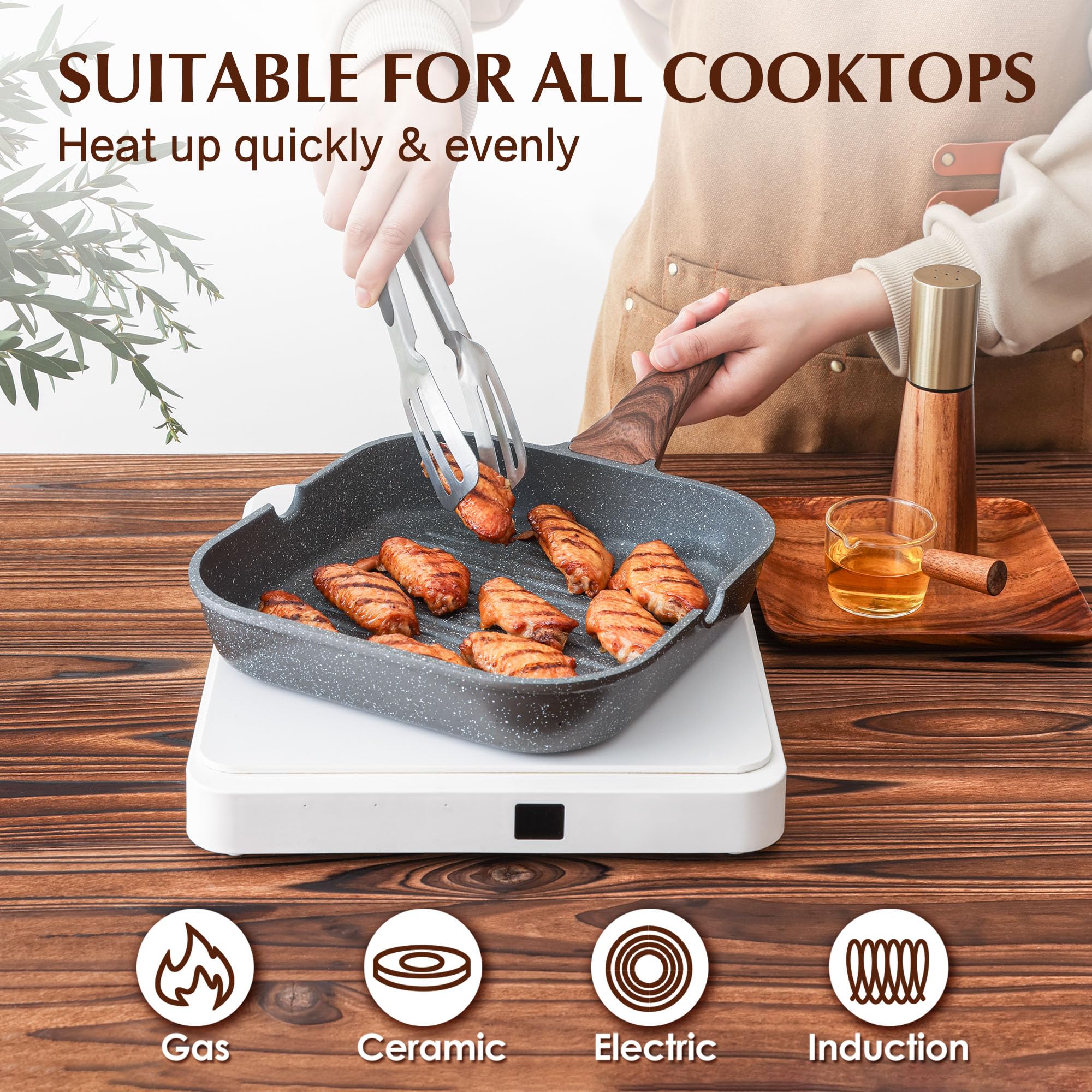 SENSARTE 11 Inch Nonstick Grill Pan for Stove Tops - Square Griddle Pan with Pour Spouts, Large Cooking Surface, PFOA Free - Perfect for Indoor & Outdoor Grilling, BBQ, Pancakes, Burgers, Steaks and More