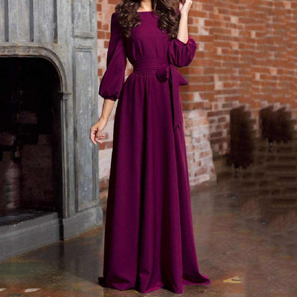 Women's Casual Party Dresses 2022 - Lantern Sleeve Solid Long Dress with Belt for Beach Vacation & Summer Outfits | Perfect for Weddings, Cocktail Parties & Date Nights