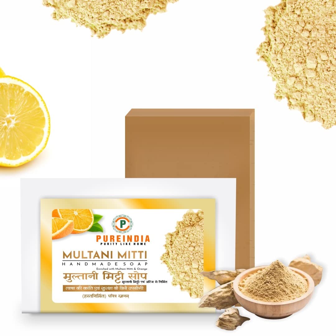Pureindia Handmade Multani & Orange Bathing Bar - 100GM (Pack of 5) | All Skin Types | Enriched with Orange Essential Oil | Gentle Exfoliation & Moisturizing | Perfect for Daily Shower & Spa Relaxation