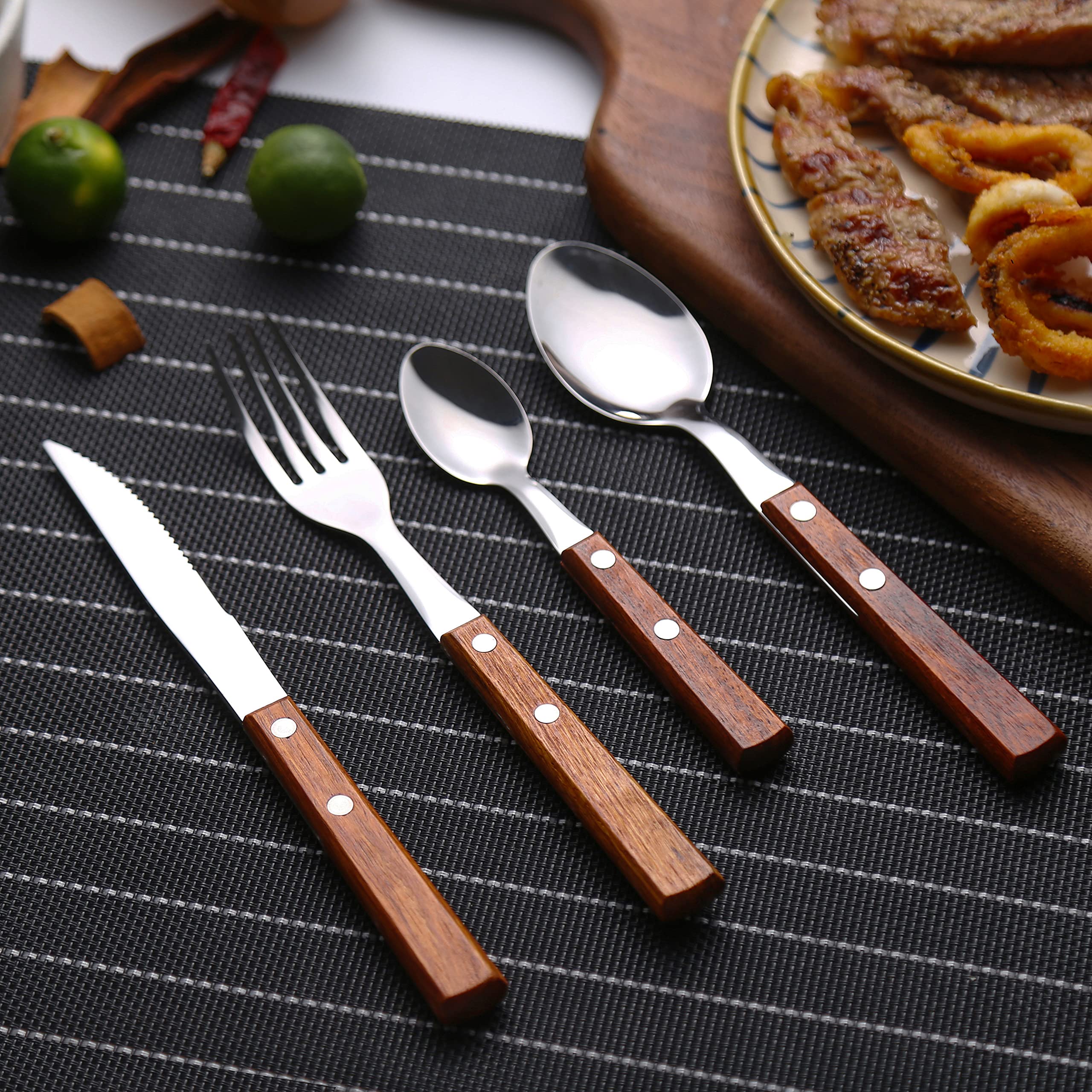 Premium 8-Piece Wooden Handle Flatware Set - 2 Sets of 18/8 Stainless Steel Cutlery with Forks, Spoons & Dinner Knives | Elegant Silverware for Dining, Kitchen & Gift Giving | Durable Wooden Utensils for Restaurants, Home & Outdoor Use