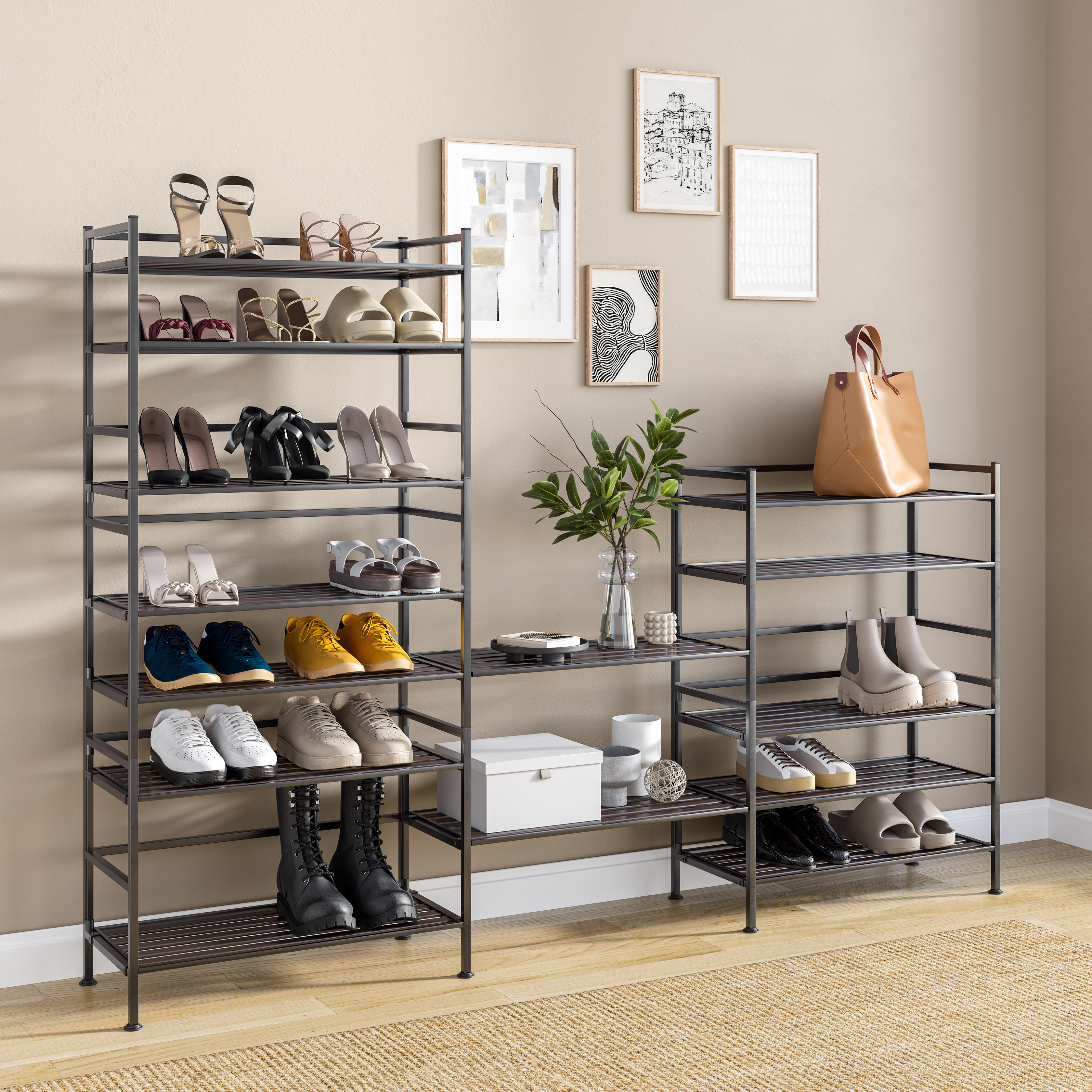 3 Tier Resin Slatted Shoe Rack (2 Pack) - Espresso Brown Space-Saving Shoe Organizer for Entryway, Closet & Bedroom Storage