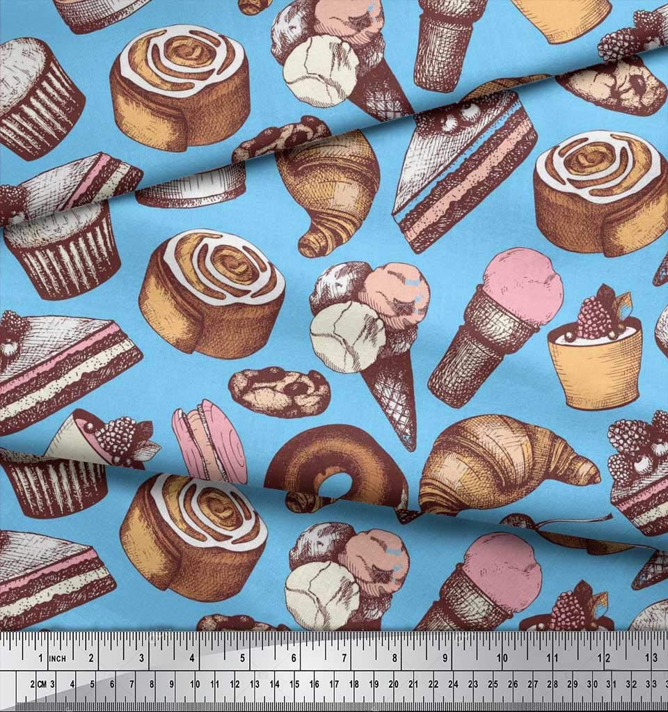 Soimoi Cotton Voile Blue Fabric by The Yard - 56 Inch Wide Cupcake Donut Cookies Print - Whimsical Food Pattern Material for DIY Crafts, Quilting, Dressmaking & Home Decor Projects