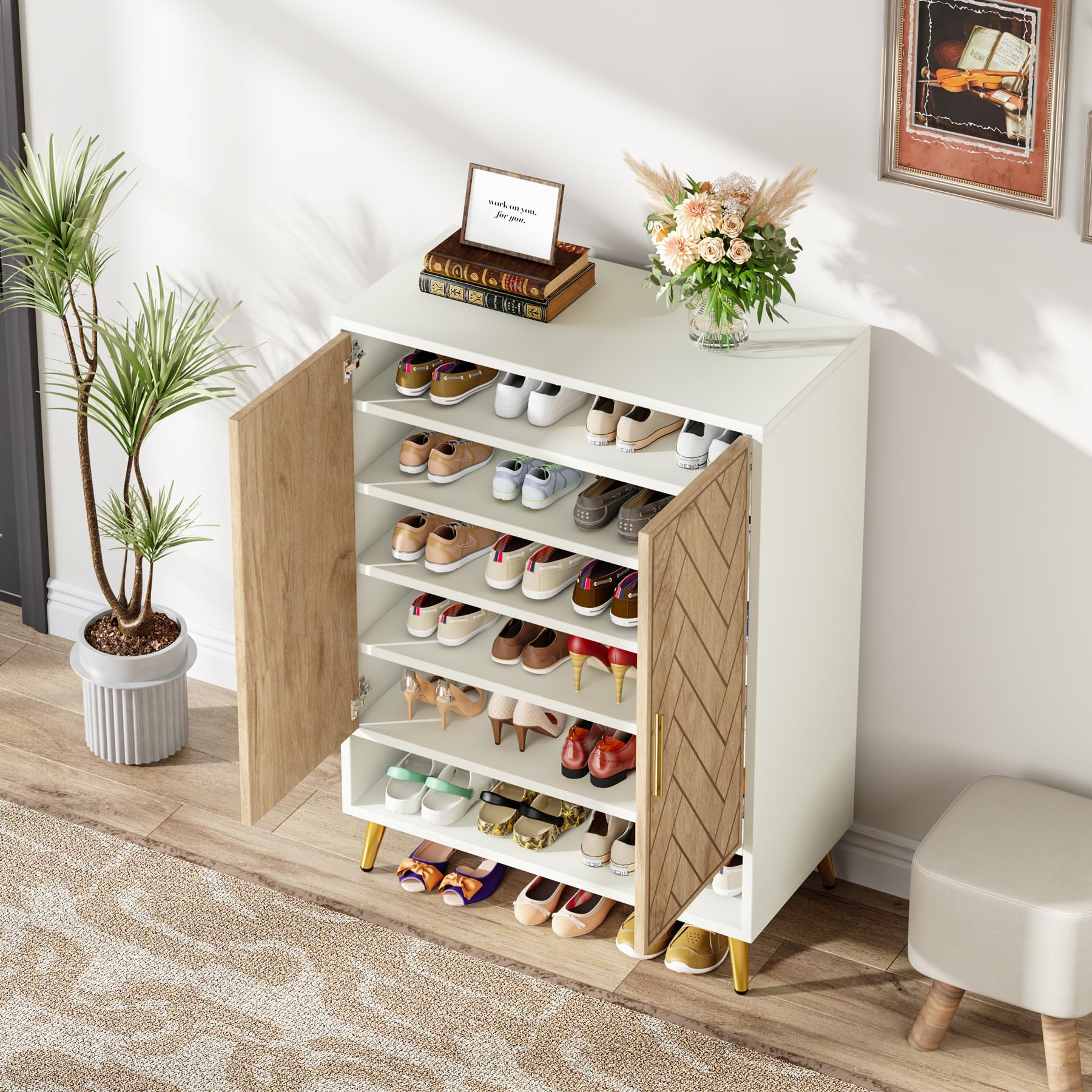 Tribesigns 6-Tier Shoe Storage Cabinet with Doors - Holds 24 Pairs, Adjustable Shelves Wooden Entryway Organizer for Shoes - White & Brown | Perfect for Living Room, Bedroom & Entryway Organization