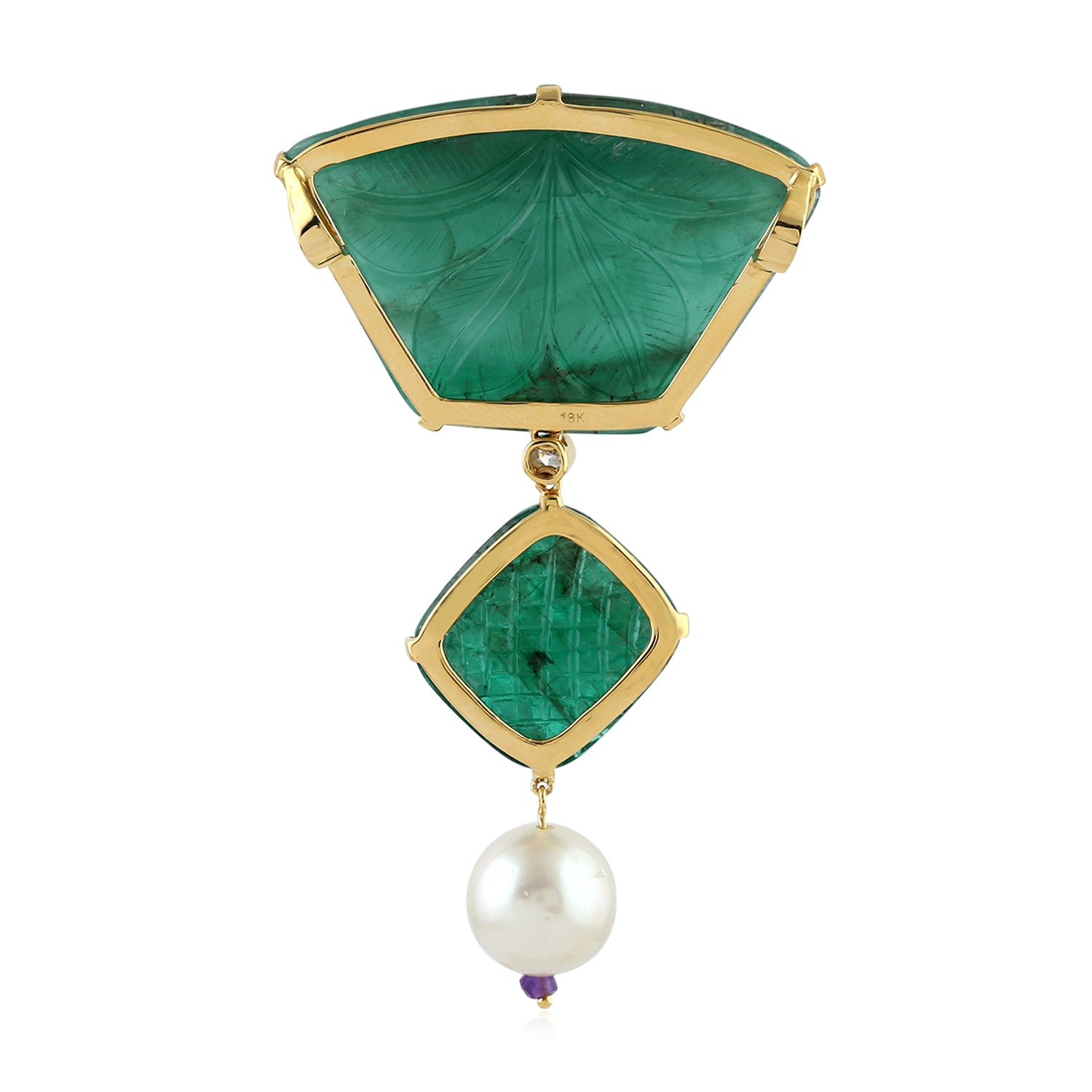 18K Yellow Gold Emerald Round Pearl Amethyst Diamond Prong Pendant Necklace - Elegant Jewelry Gift for Women, Perfect for Weddings, Anniversaries & Special Occasions